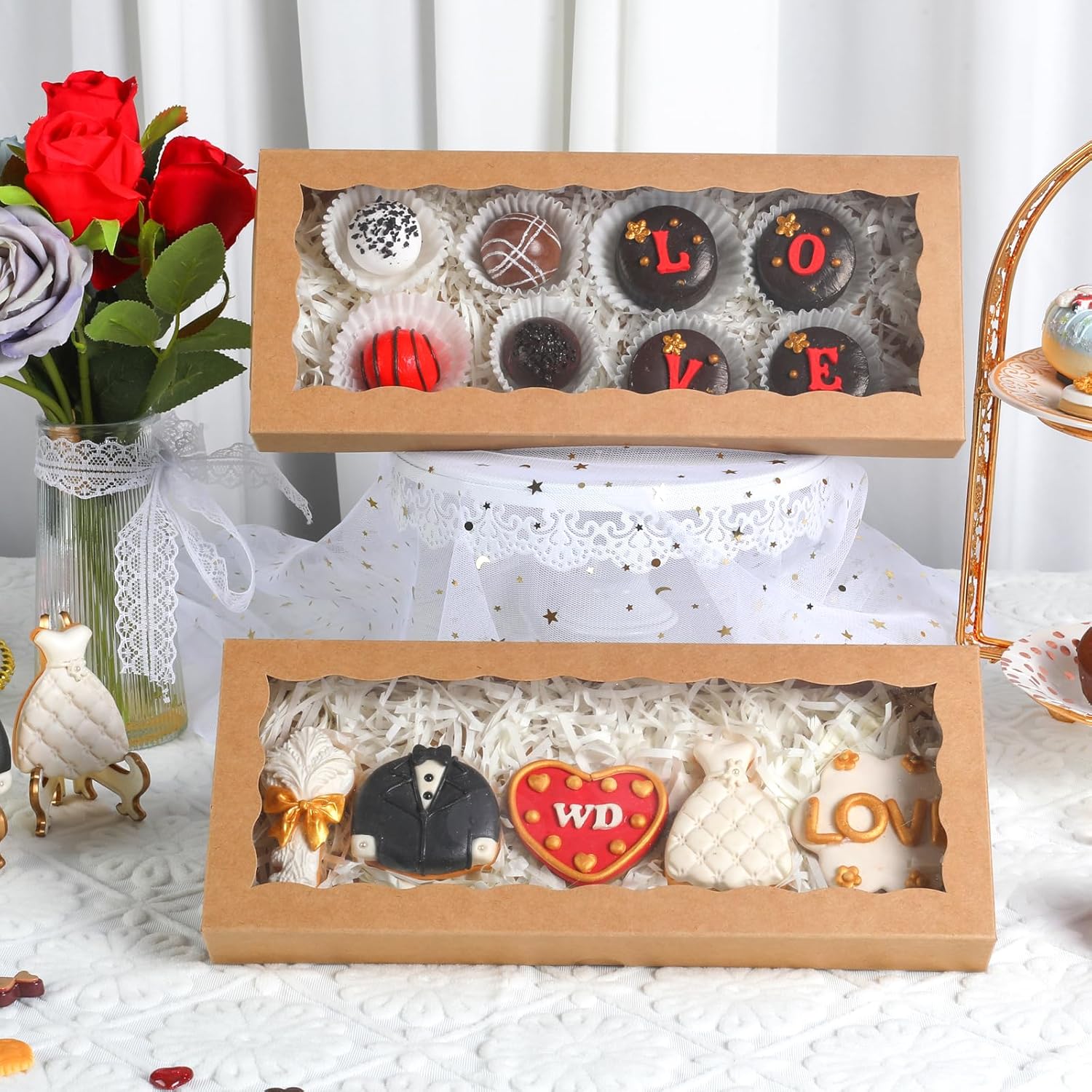 50pcs 12x5x1.5Inches Brown Cookies Boxes. with Window Bakery Boxes Chocolate Truffle Boxes Macaron Boxes Cakesickle Boxes Browines Treat Boxes for Christmas Valentine's Father's Mother's Day