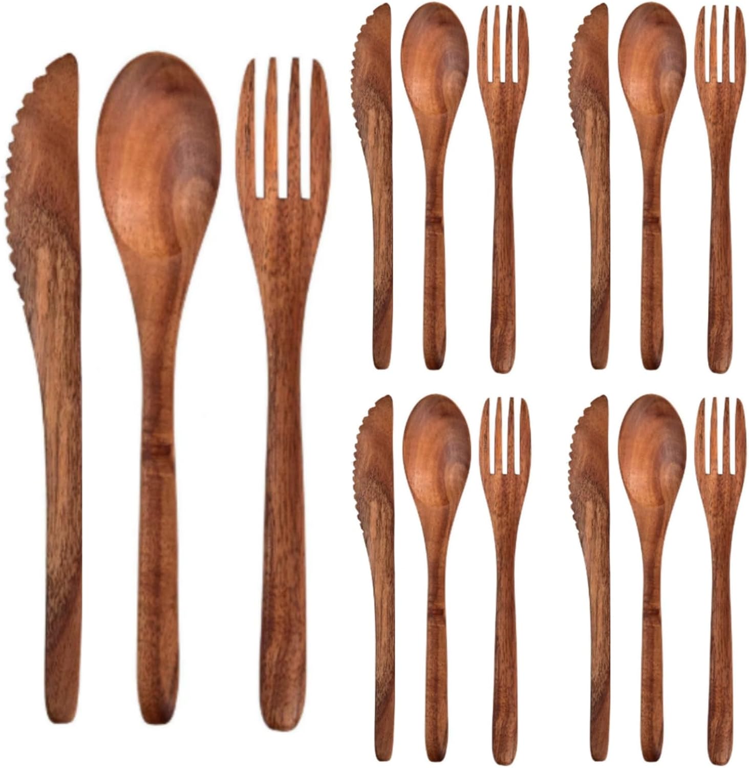 12 Pcs Wooden Utensils for Eating Set Wooden Spoon Fork Knife Cutlery Set Kitchen Wood Utensils Dinner Flatware Tableware Teak Wood