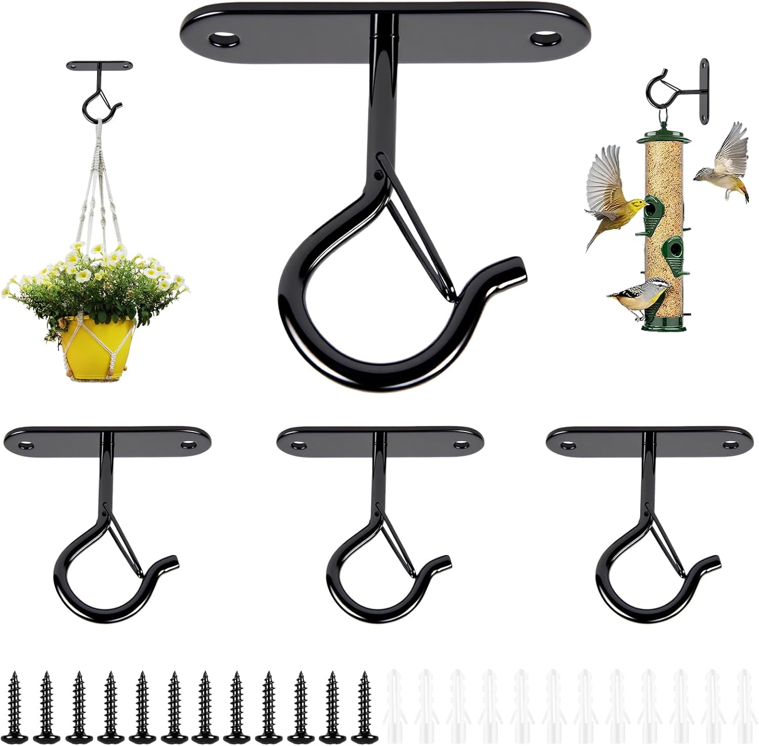 Heavy Duty Ceiling Hooks for Hanging Plants and String Lights, 2.36 Inch Plant Hook with Safety Latch, Ceiling Hanging Hook for Bird Feeders and Lanterns, Indoor Outdoor Use 40 lbs Black, 6 Pcs