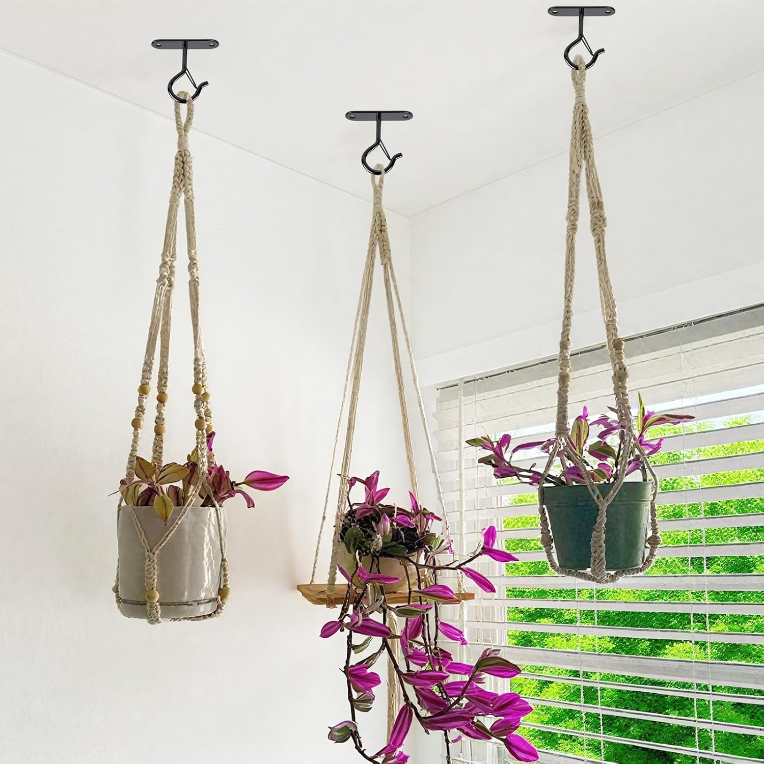 Heavy Duty Ceiling Hooks for Hanging Plants and String Lights, 2.36 Inch Plant Hook with Safety Latch, Ceiling Hanging Hook for Bird Feeders and Lanterns, Indoor Outdoor Use 40 lbs Black, 6 Pcs