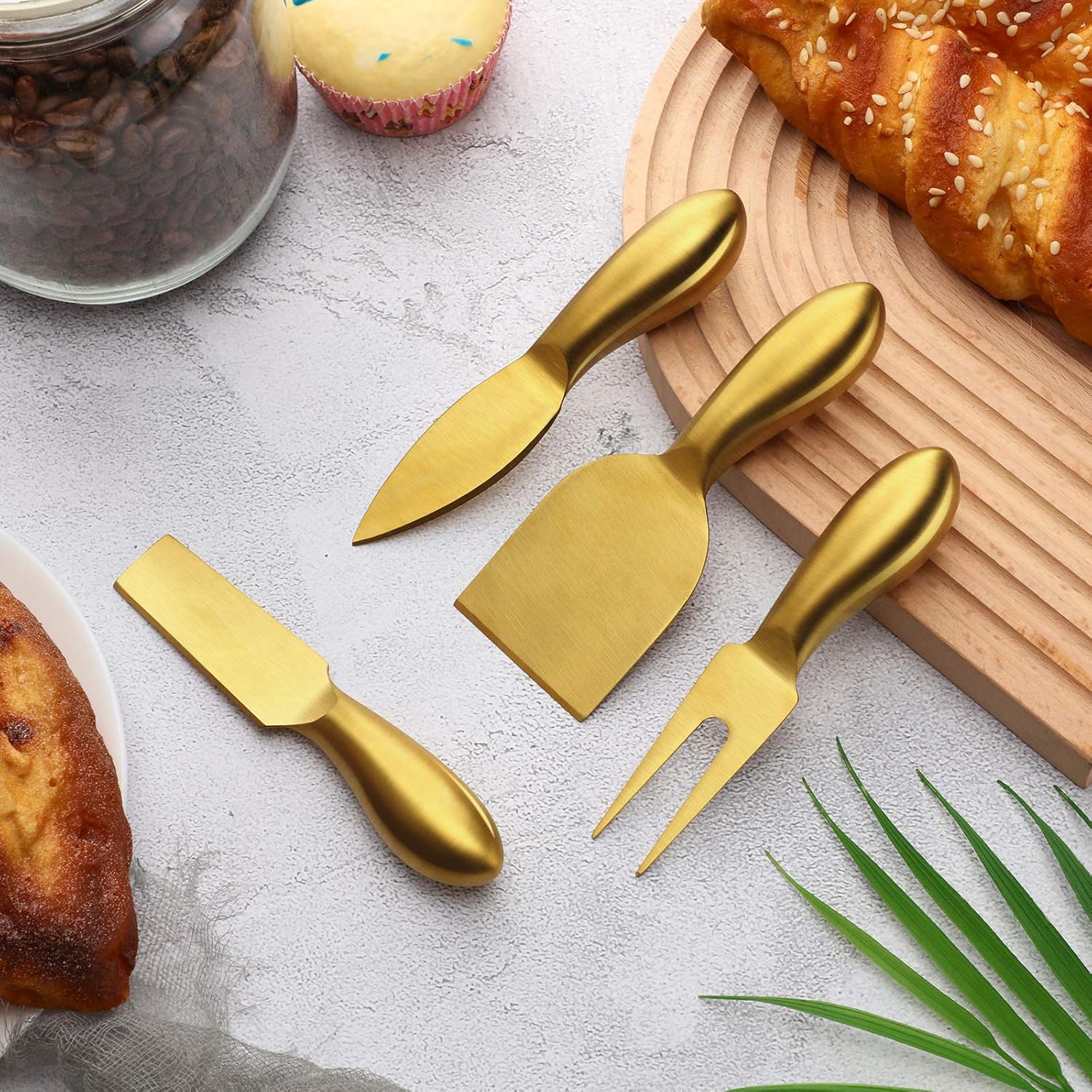 4 Pieces Stainless Steel Cheese Knives Set, Knife Fork Slicer Butter Knife Set for Charcuterie and Cheese Spread Kitchen Cooking Christmas Gift for Women Gold