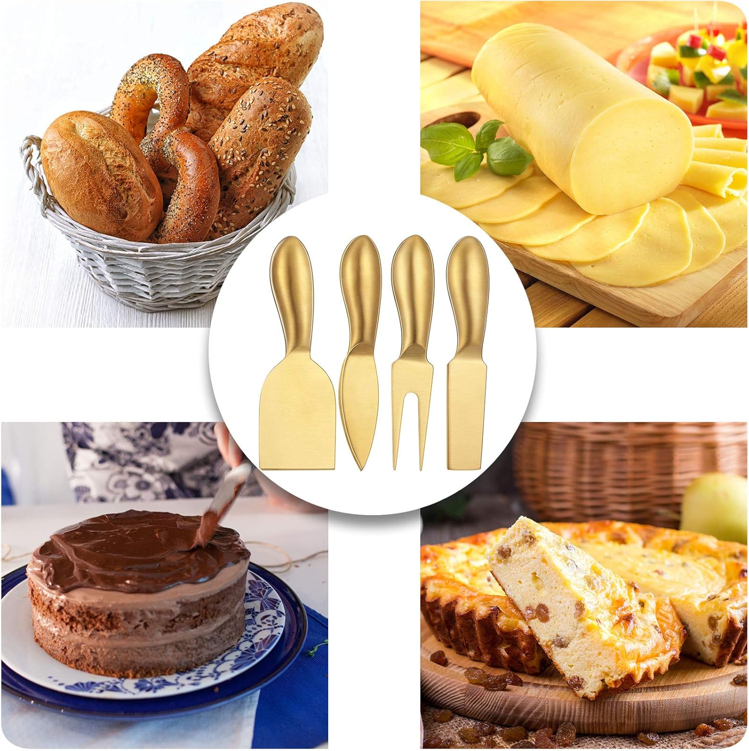 4 Pieces Stainless Steel Cheese Knives Set, Knife Fork Slicer Butter Knife Set for Charcuterie and Cheese Spread Kitchen Cooking Christmas Gift for Women Gold