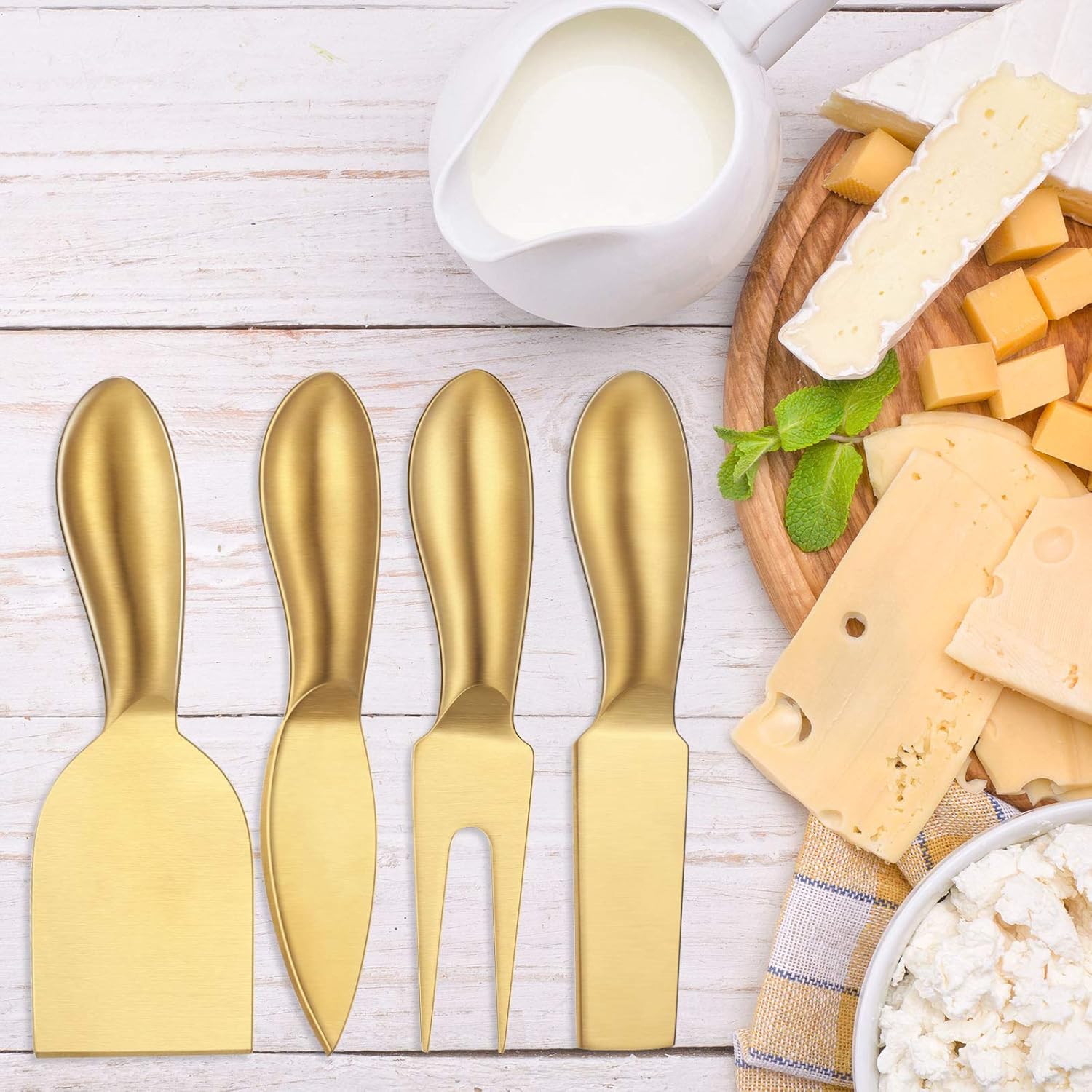 4 Pieces Stainless Steel Cheese Knives Set, Knife Fork Slicer Butter Knife Set for Charcuterie and Cheese Spread Kitchen Cooking Christmas Gift for Women Gold