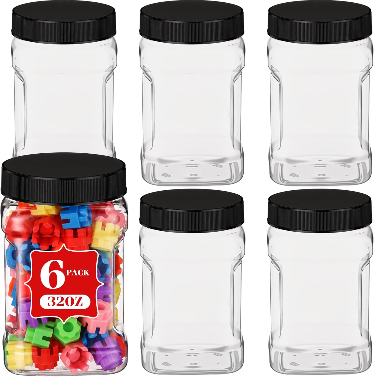 6 Pcs Square Clear Plastic Jars with Pinch Handle Plastic Storage Container with Screw-on Lids Reusable Wide Mouth Canisters for Dry Good Peanut Cookies Candy 32 oz,Black Lids