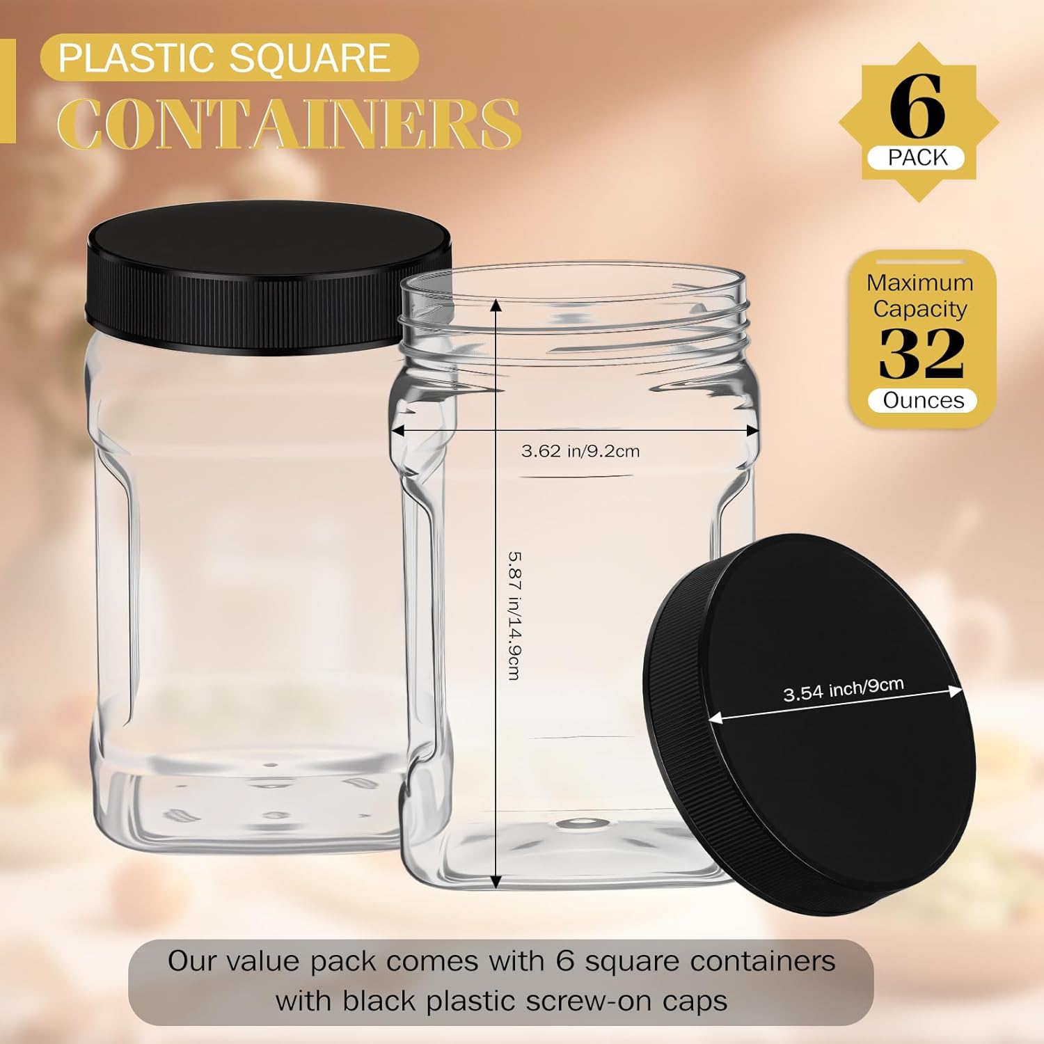 6 Pcs Square Clear Plastic Jars with Pinch Handle Plastic Storage Container with Screw-on Lids Reusable Wide Mouth Canisters for Dry Good Peanut Cookies Candy 32 oz,Black Lids