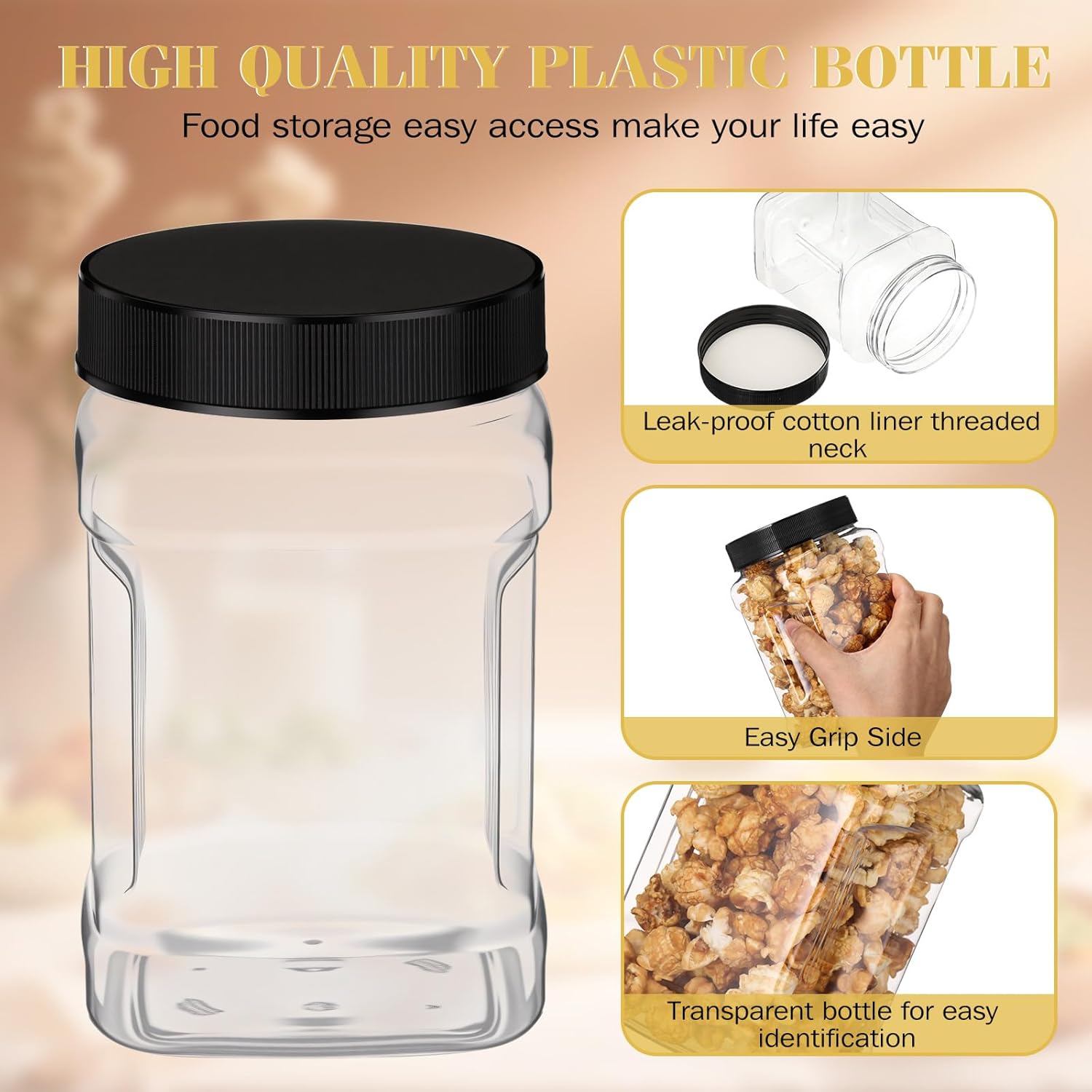 6 Pcs Square Clear Plastic Jars with Pinch Handle Plastic Storage Container with Screw-on Lids Reusable Wide Mouth Canisters for Dry Good Peanut Cookies Candy 32 oz,Black Lids