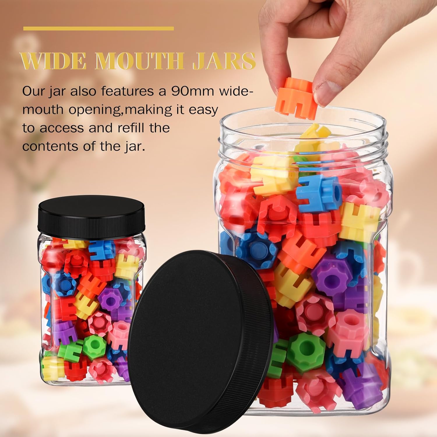 6 Pcs Square Clear Plastic Jars with Pinch Handle Plastic Storage Container with Screw-on Lids Reusable Wide Mouth Canisters for Dry Good Peanut Cookies Candy 32 oz,Black Lids
