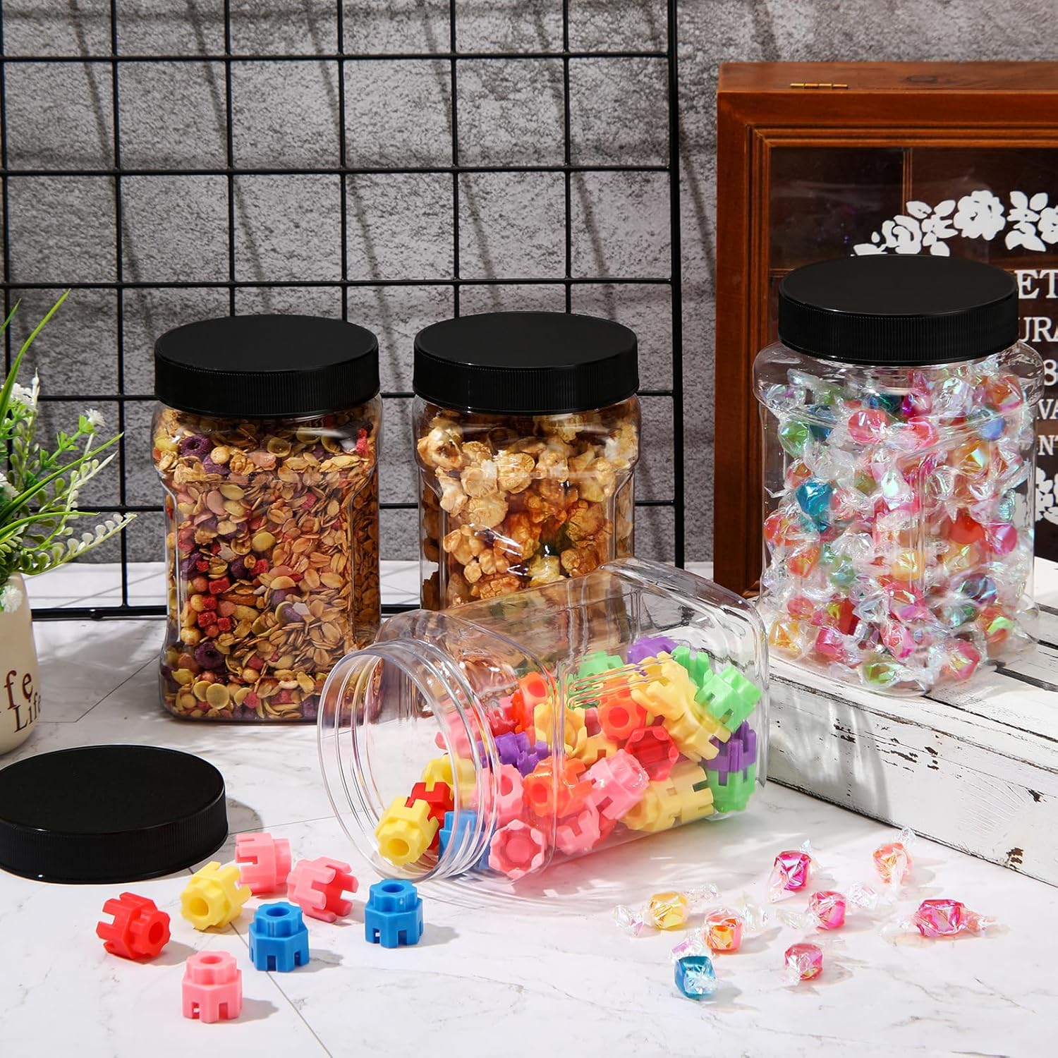 6 Pcs Square Clear Plastic Jars with Pinch Handle Plastic Storage Container with Screw-on Lids Reusable Wide Mouth Canisters for Dry Good Peanut Cookies Candy 32 oz,Black Lids