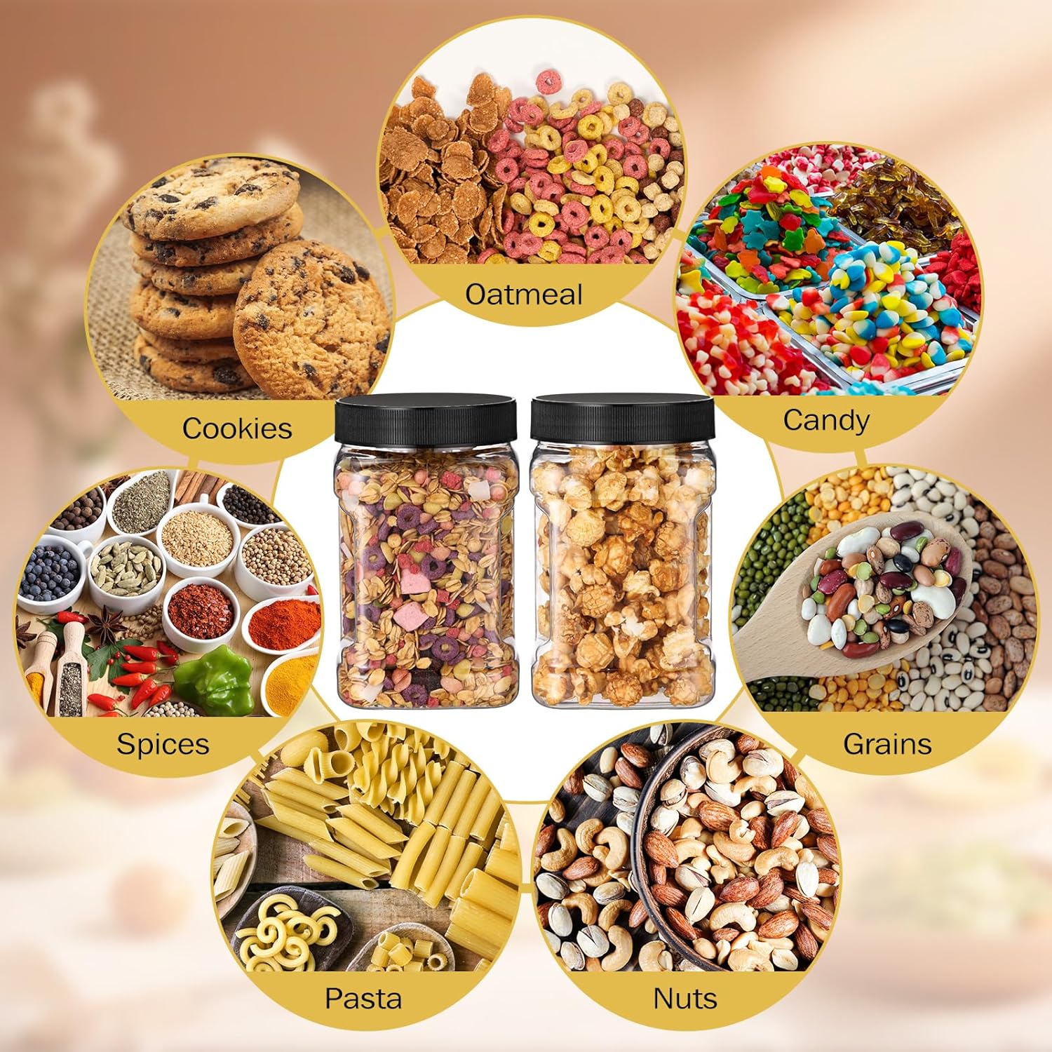 6 Pcs Square Clear Plastic Jars with Pinch Handle Plastic Storage Container with Screw-on Lids Reusable Wide Mouth Canisters for Dry Good Peanut Cookies Candy 32 oz,Black Lids