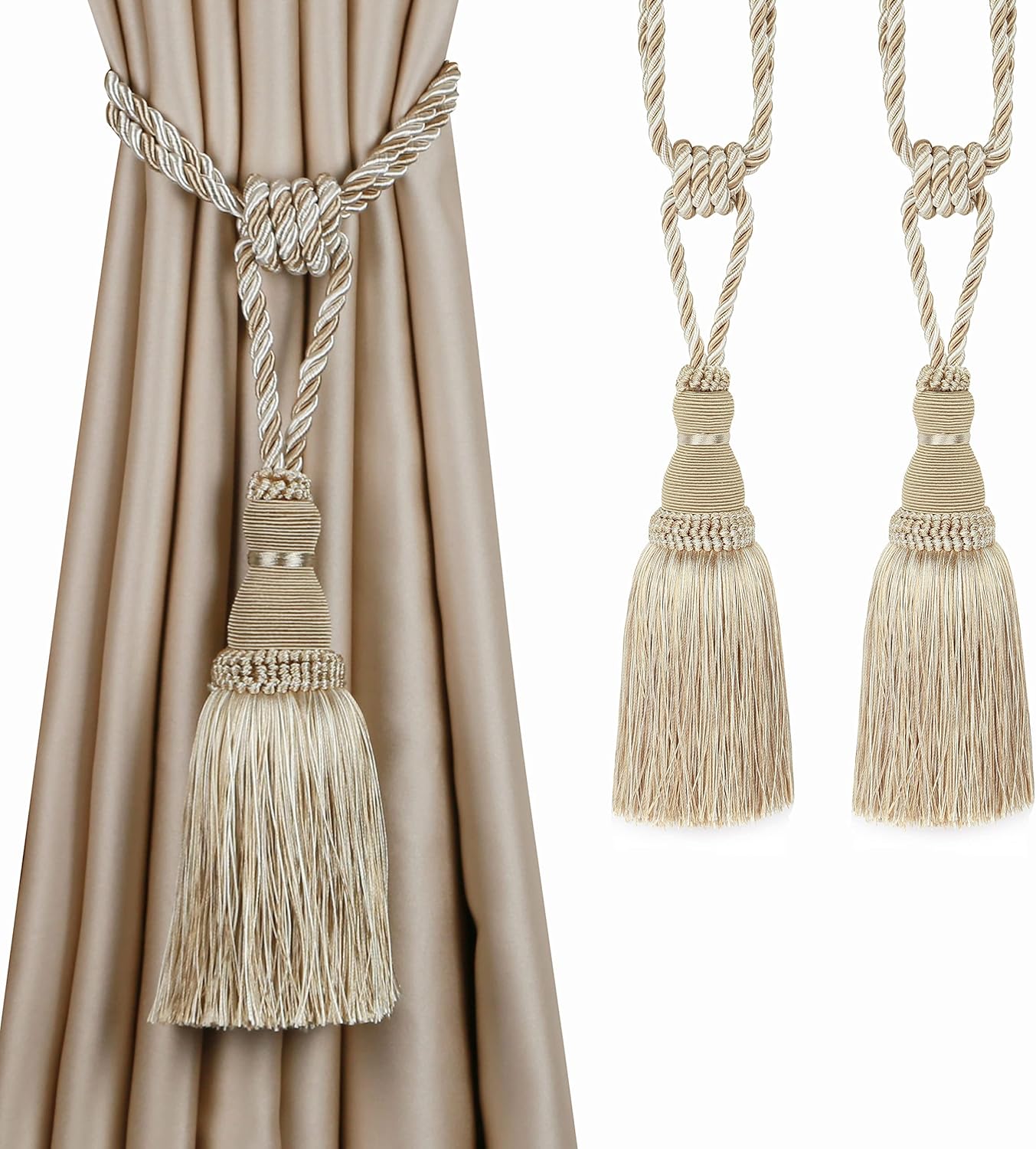 2 Pack Curtain Tiebacks Tassel Drapery Tie-Backs Rope Handmade Holdbacks Home Office Hotel Decorative Mix Beige, 2 Pack