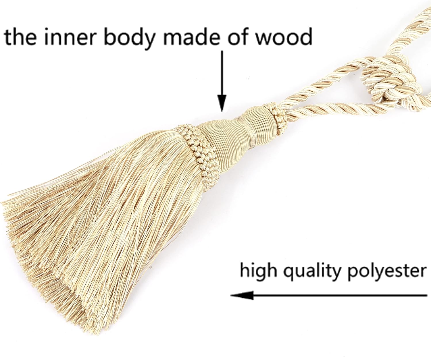 2 Pack Curtain Tiebacks Tassel Drapery Tie-Backs Rope Handmade Holdbacks Home Office Hotel Decorative Mix Beige, 2 Pack