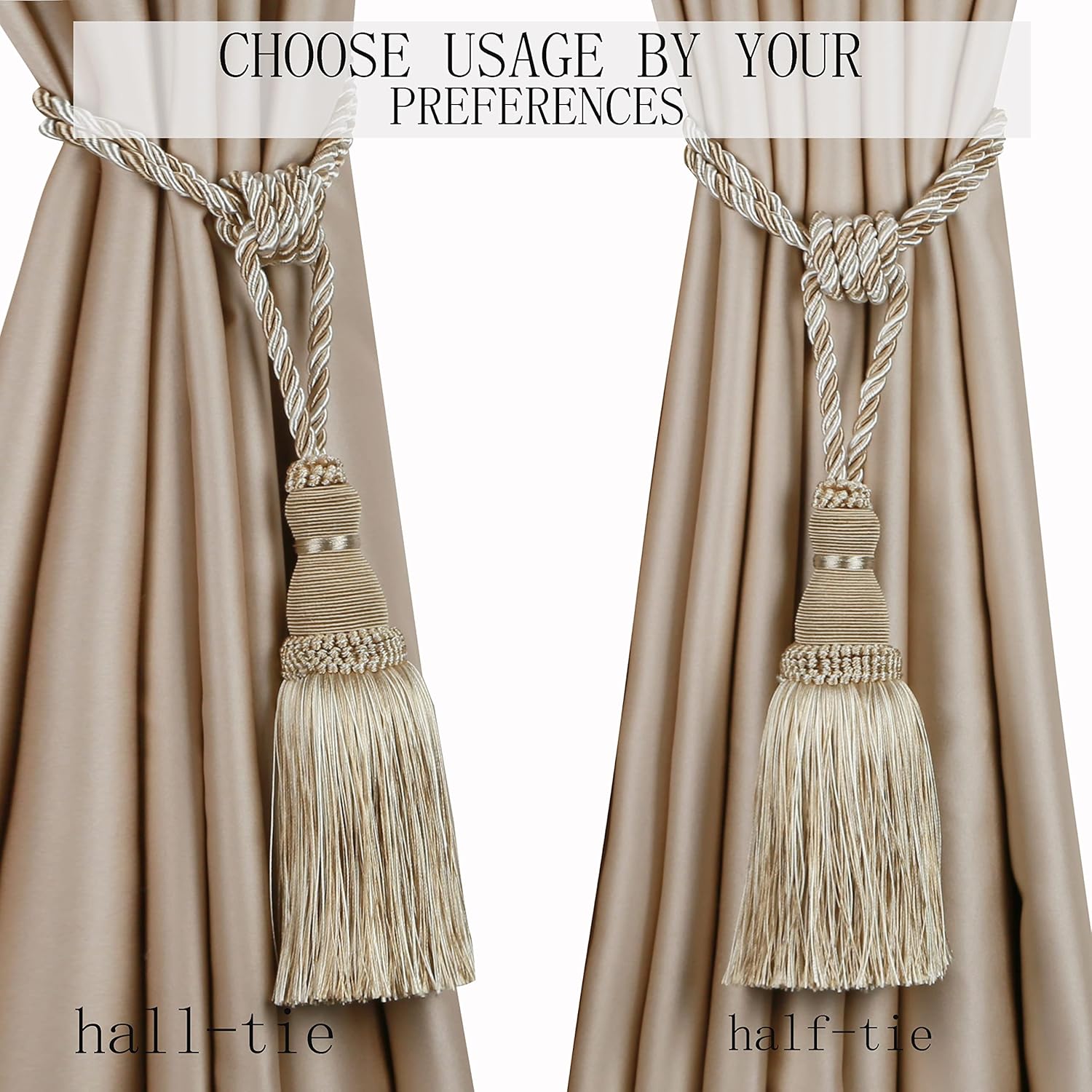 2 Pack Curtain Tiebacks Tassel Drapery Tie-Backs Rope Handmade Holdbacks Home Office Hotel Decorative Mix Beige, 2 Pack