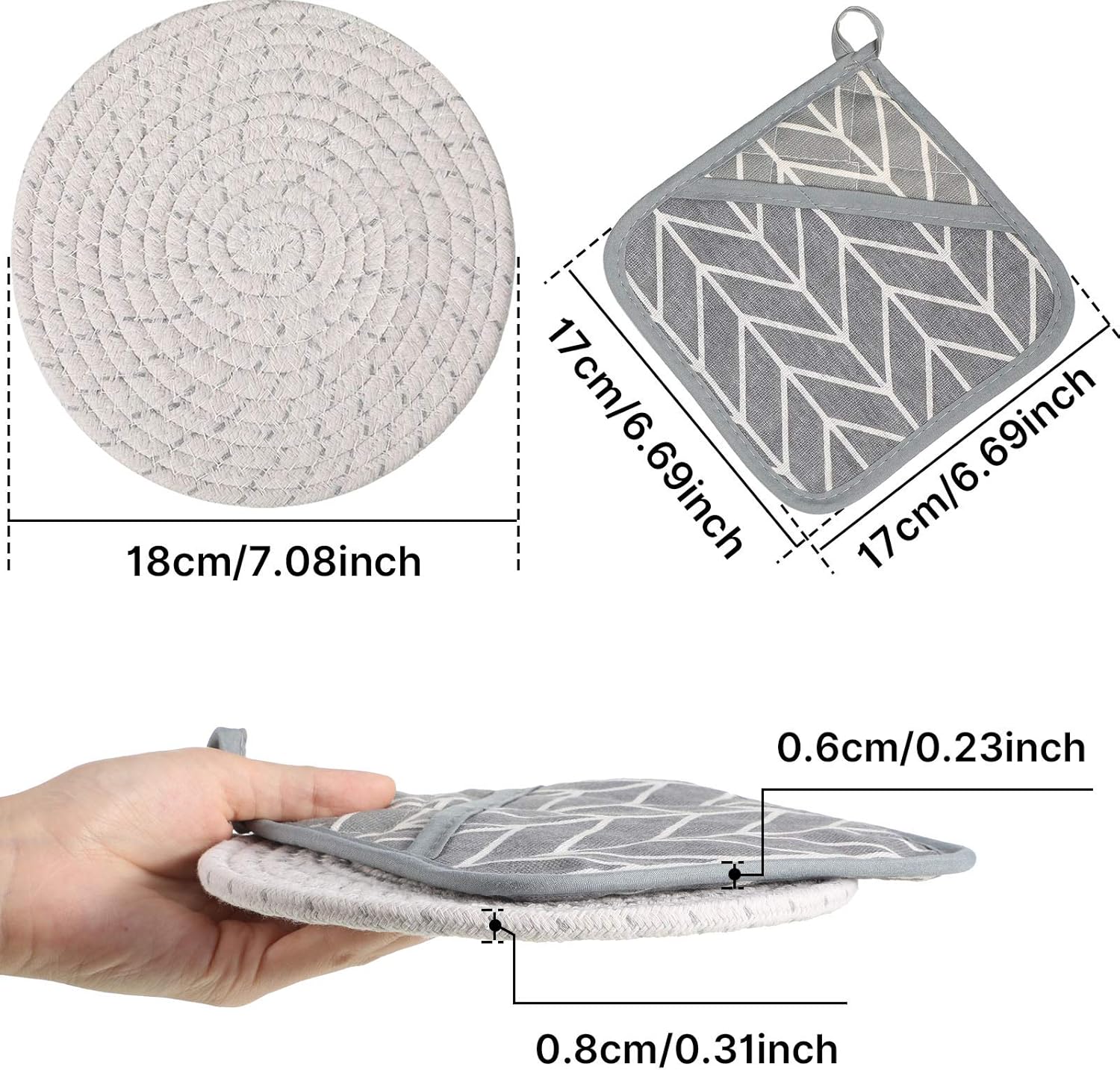7 Pieces Square Pot Holders Washable Heat Resistant Pocket Mitt with Hanging Loop and Round Thread Weave Coaster Braided Drink Hot Pad Absorbent Woven Coaster for Kitchen Cooking Dinning