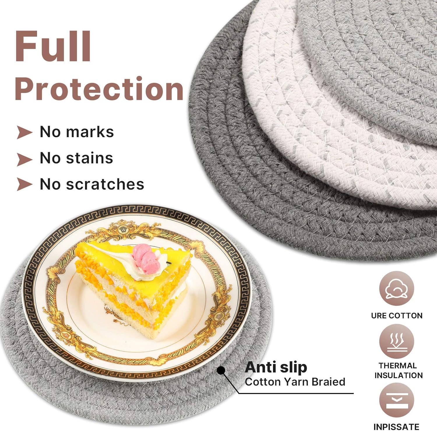 7 Pieces Square Pot Holders Washable Heat Resistant Pocket Mitt with Hanging Loop and Round Thread Weave Coaster Braided Drink Hot Pad Absorbent Woven Coaster for Kitchen Cooking Dinning