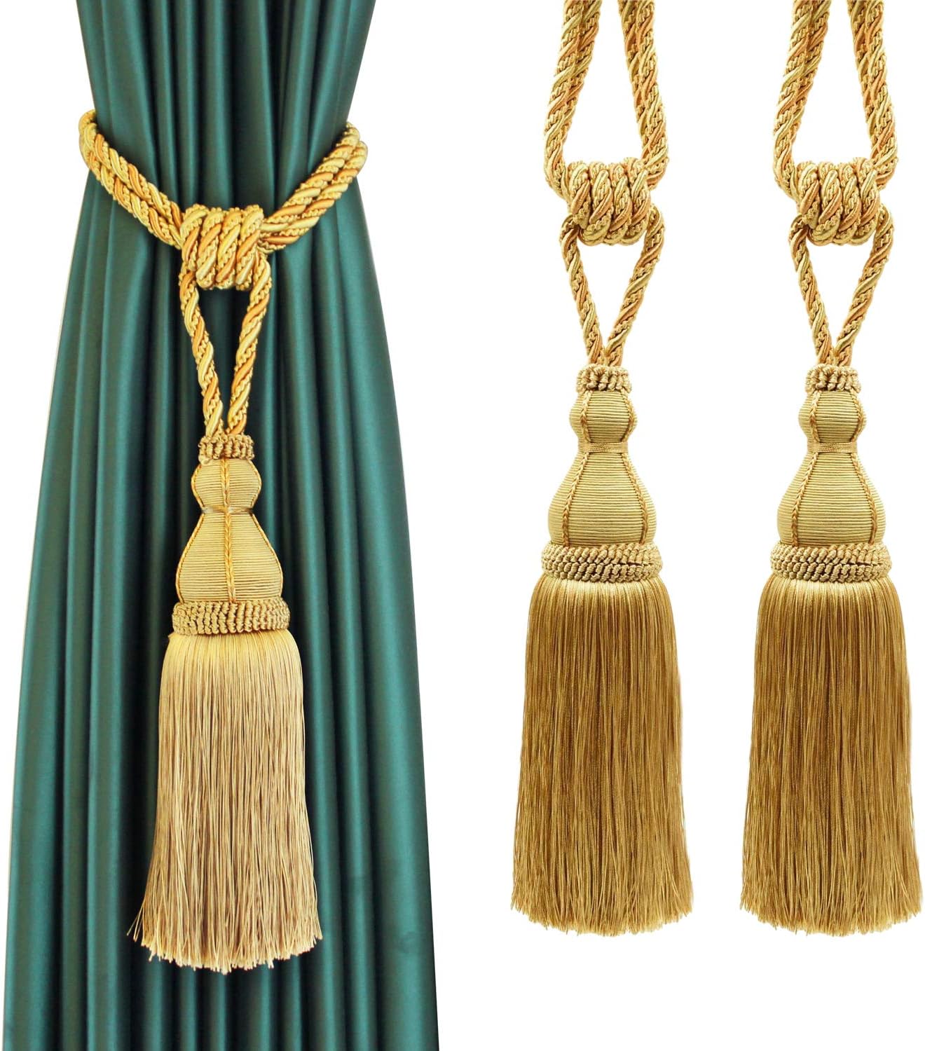 2 Pack Tassel Curtain Tiebacks Holdback Large Handmade Drapery Tie-Backs Rope Home Office Hotel Elegant Decorative Gold
