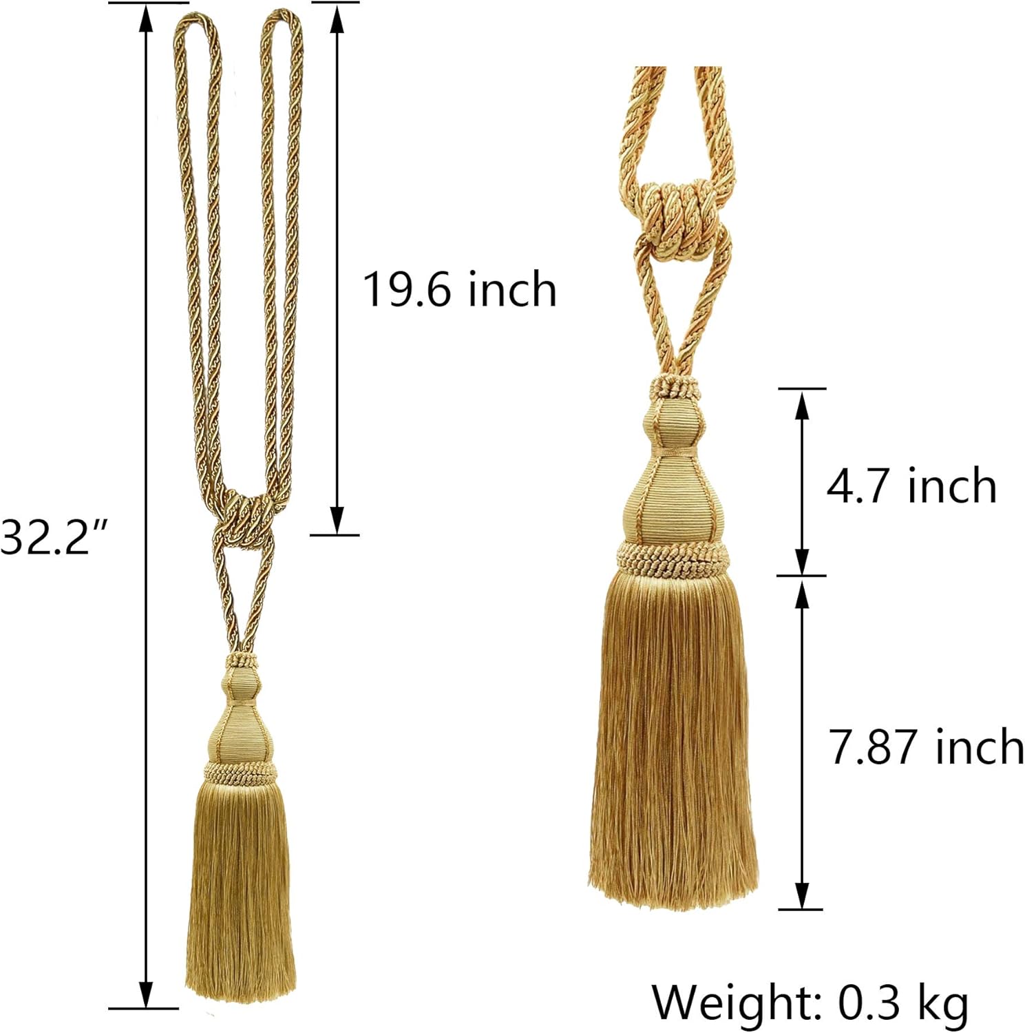 2 Pack Tassel Curtain Tiebacks Holdback Large Handmade Drapery Tie-Backs Rope Home Office Hotel Elegant Decorative Gold
