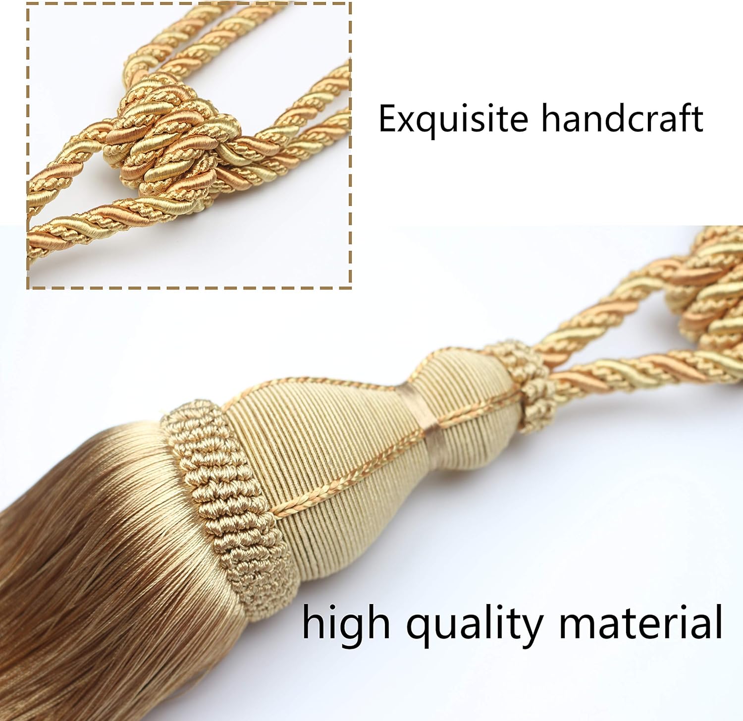 2 Pack Tassel Curtain Tiebacks Holdback Large Handmade Drapery Tie-Backs Rope Home Office Hotel Elegant Decorative Gold