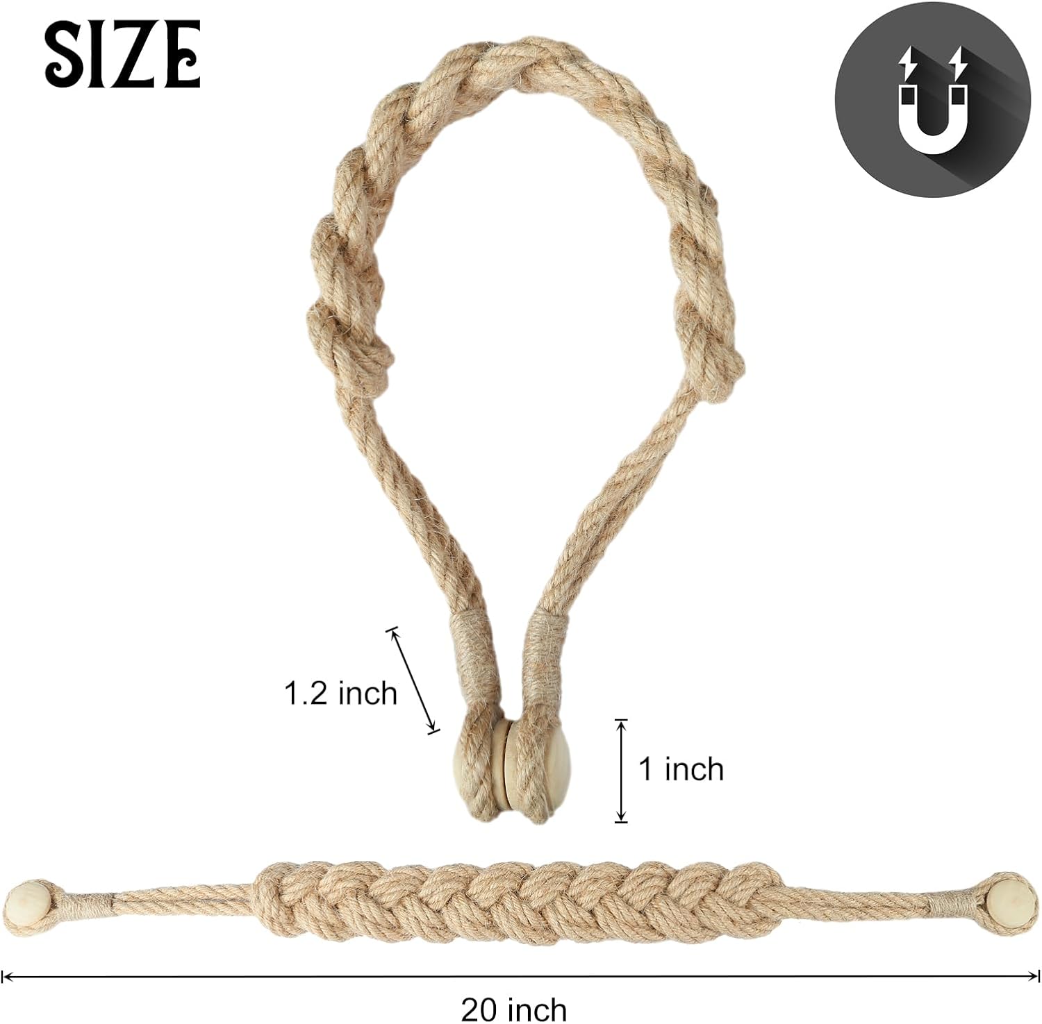 Jute Curtain Tiebacks Magnetic Woven Curtain Holdback Drapery Tie-Back Jute-2Pack
