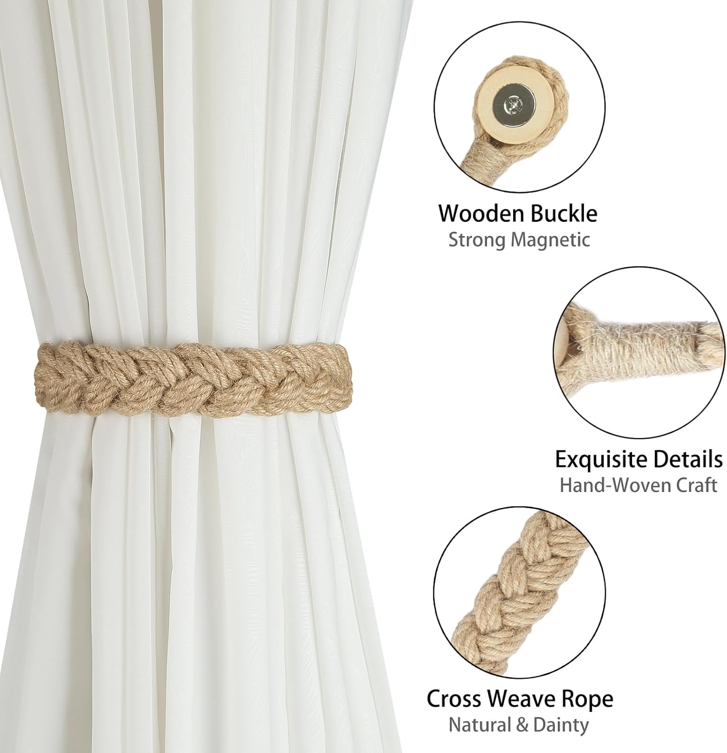 Jute Curtain Tiebacks Magnetic Woven Curtain Holdback Drapery Tie-Back Jute-2Pack