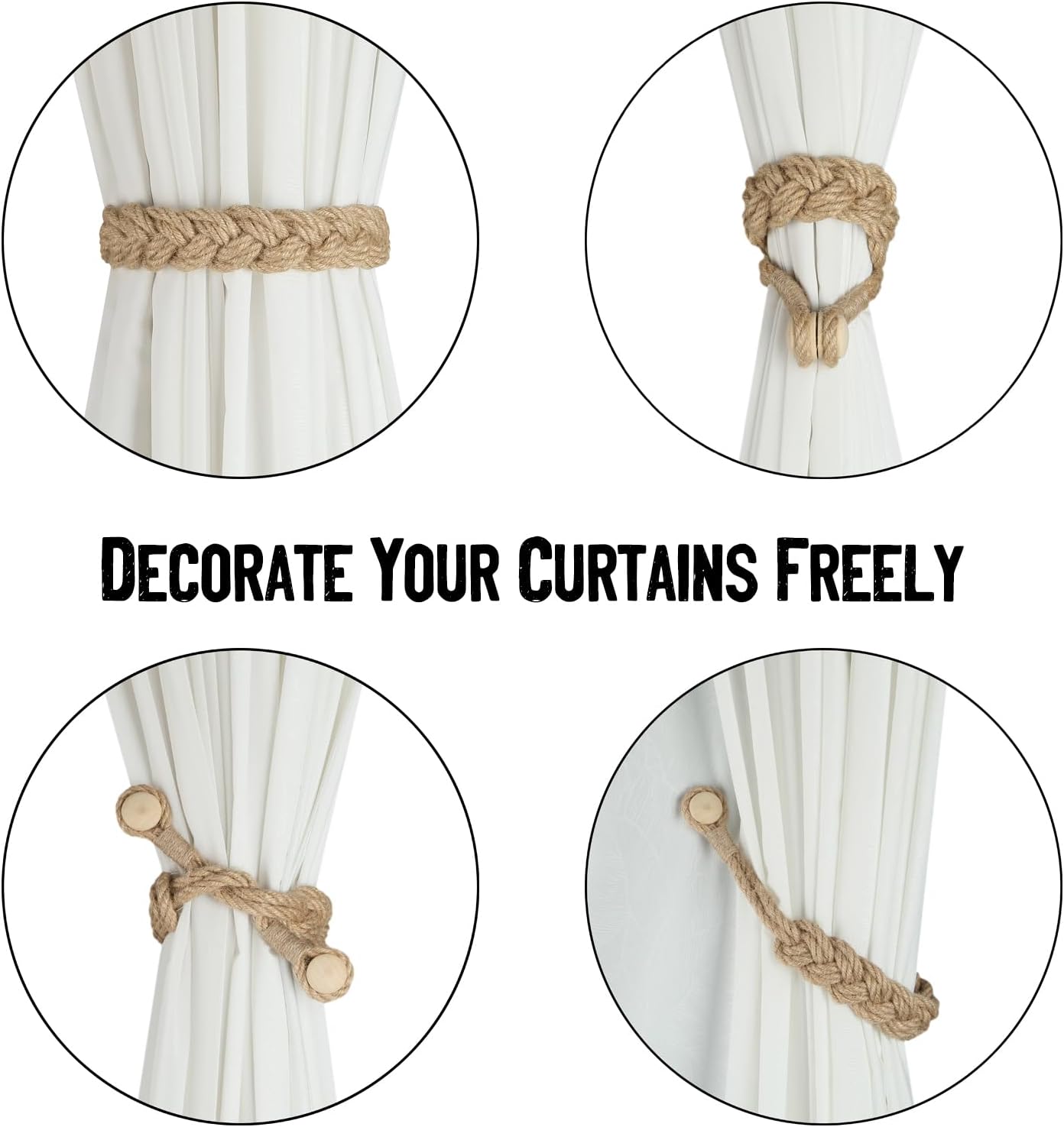 Jute Curtain Tiebacks Magnetic Woven Curtain Holdback Drapery Tie-Back Jute-2Pack
