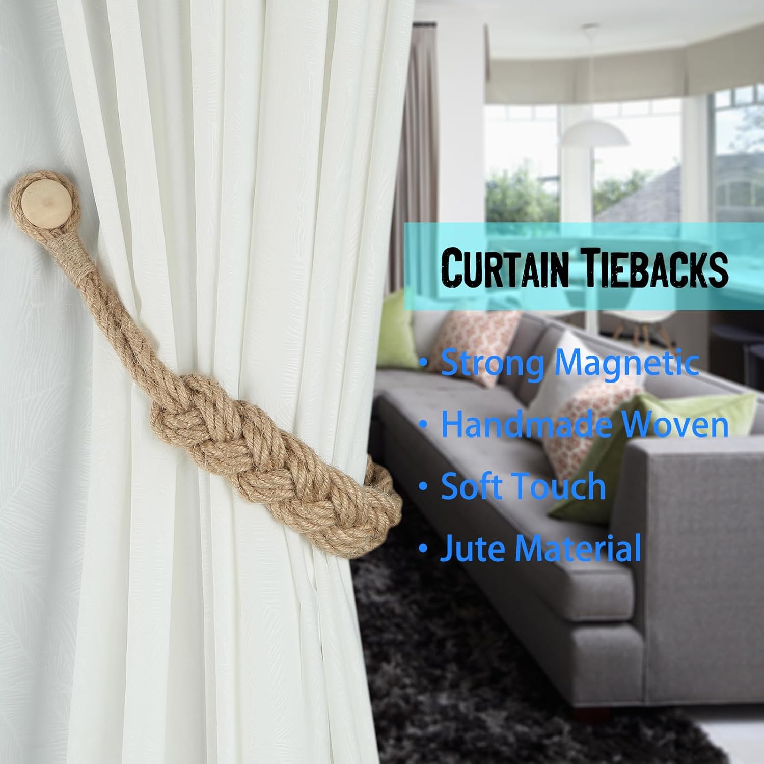 Jute Curtain Tiebacks Magnetic Woven Curtain Holdback Drapery Tie-Back Jute-2Pack