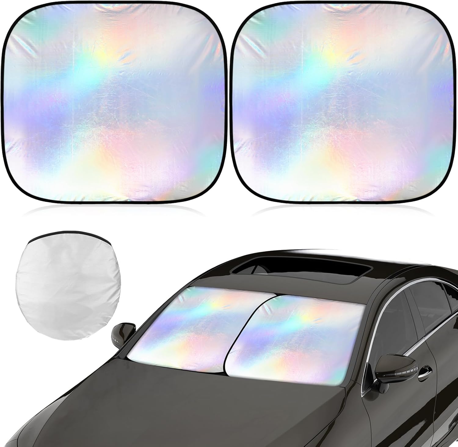 2 Pcs 31 x 28 Inch Car Windshield Sun Shade Foldable, Hologram Foil Front Windshield Shade for Car Truck SUV Van Blocks UV Rays Sun Visor Protector Iridescent Mermaid Style