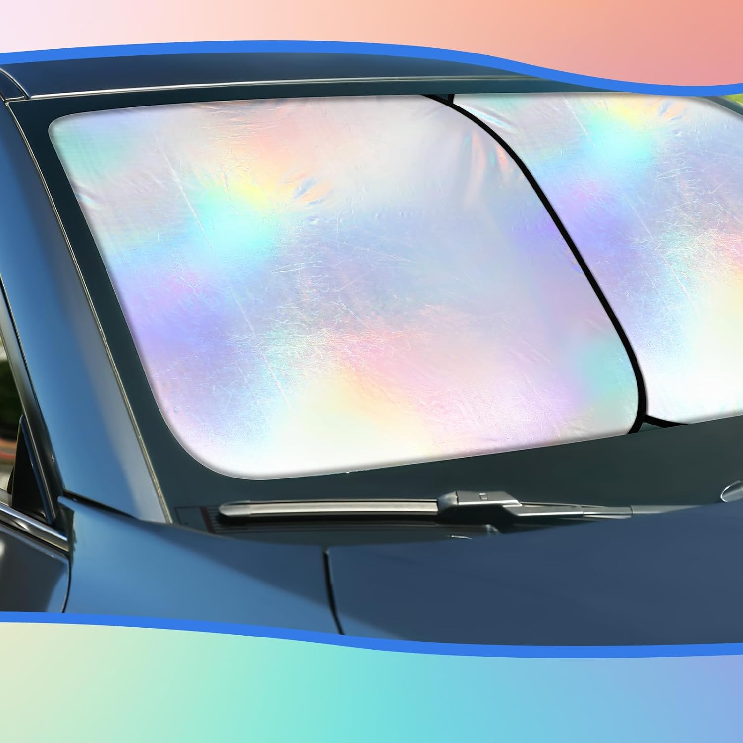 2 Pcs 31 x 28 Inch Car Windshield Sun Shade Foldable, Hologram Foil Front Windshield Shade for Car Truck SUV Van Blocks UV Rays Sun Visor Protector Iridescent Mermaid Style