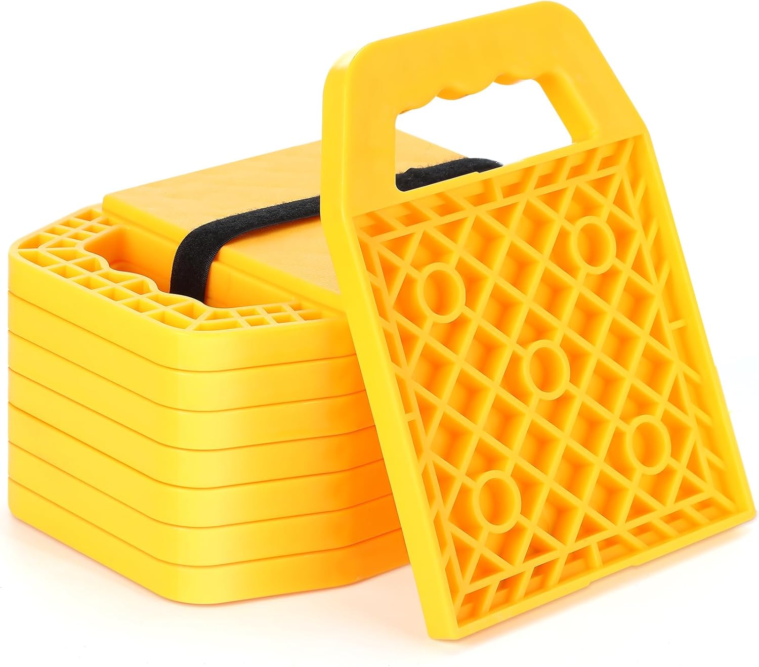 8 Pieces RV Stabilizing Jack Pads Camper Jack Pads RV Leveling Blocks with Handle Camper Stabilizer Blocks for Travel Trailer Easy Storage and Organization Yellow