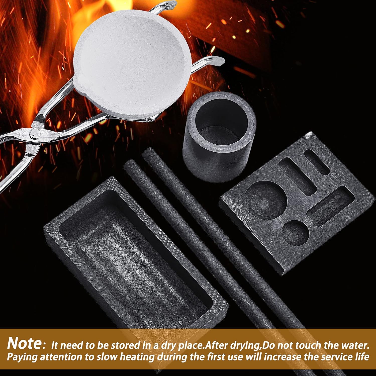 7 Pieces Graphite Torch Melting Casting Kit, Including 2 Graphite Crucible Stir Stick, Graphite Casting Mould 5-in-1 Graphite Casting Ingot Mould, Quartz Crucible, Cylindrical Graphite, Tong for Melt