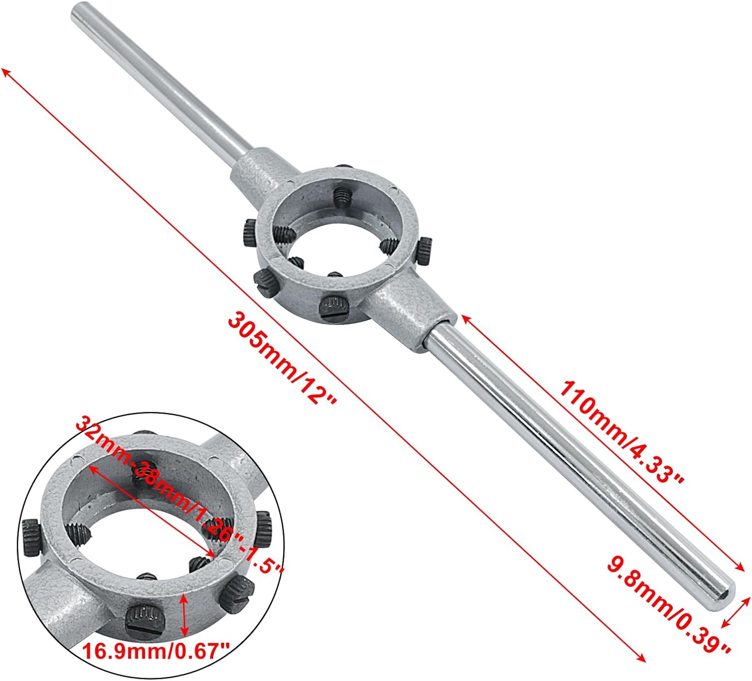 1-1/2 Inch 38mm Die Stock Handle Wrench, M12-M14 Adjustable Die Wrench Handle Holder, Heavy Duty Round Die Holder