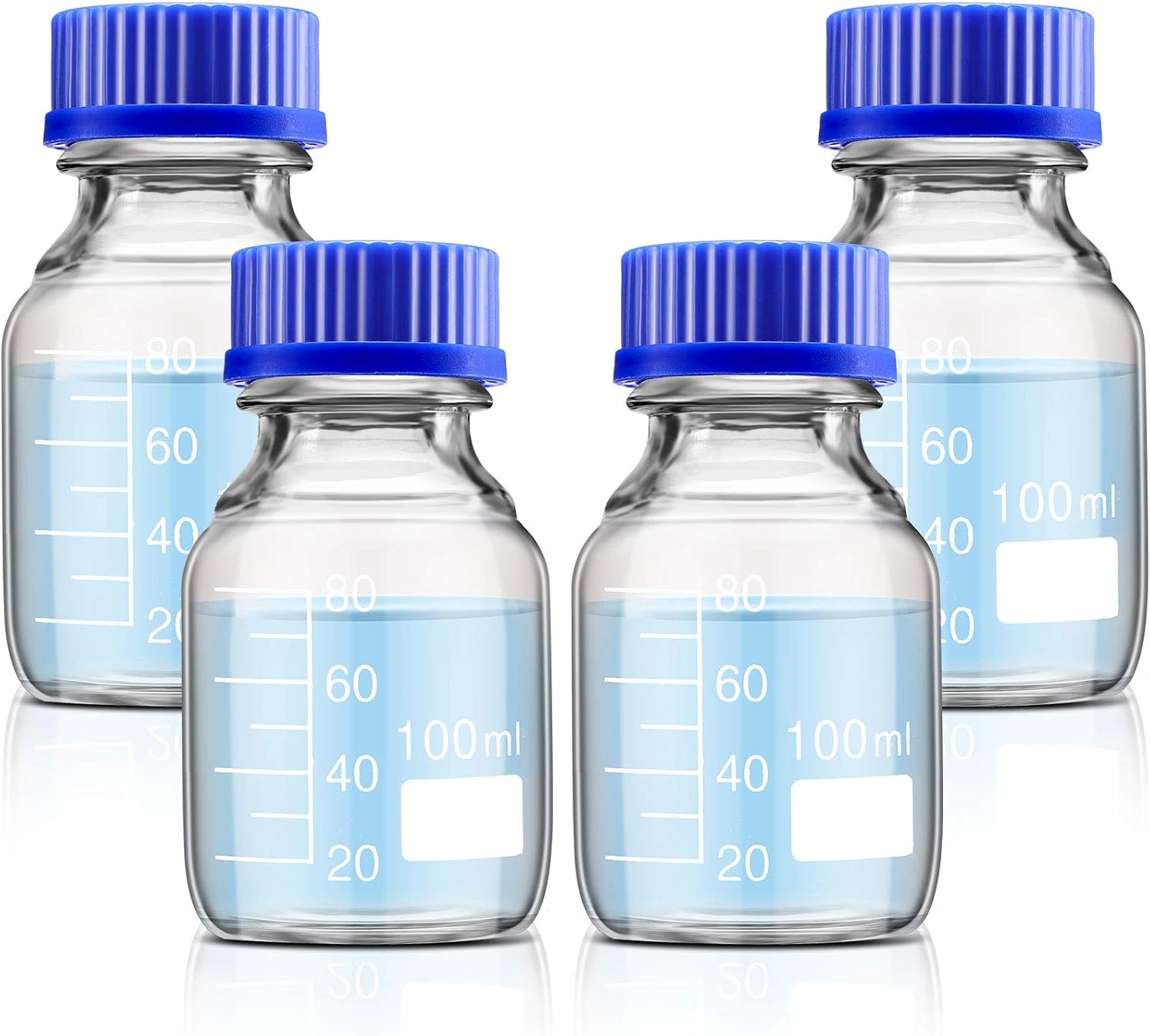 4 Pieces Glass Round Media Storage Glass Bottles Borosilicate Media Bottles with GL45 Blue Screw Cap for Lab Water Reagent Liquids 100 ml