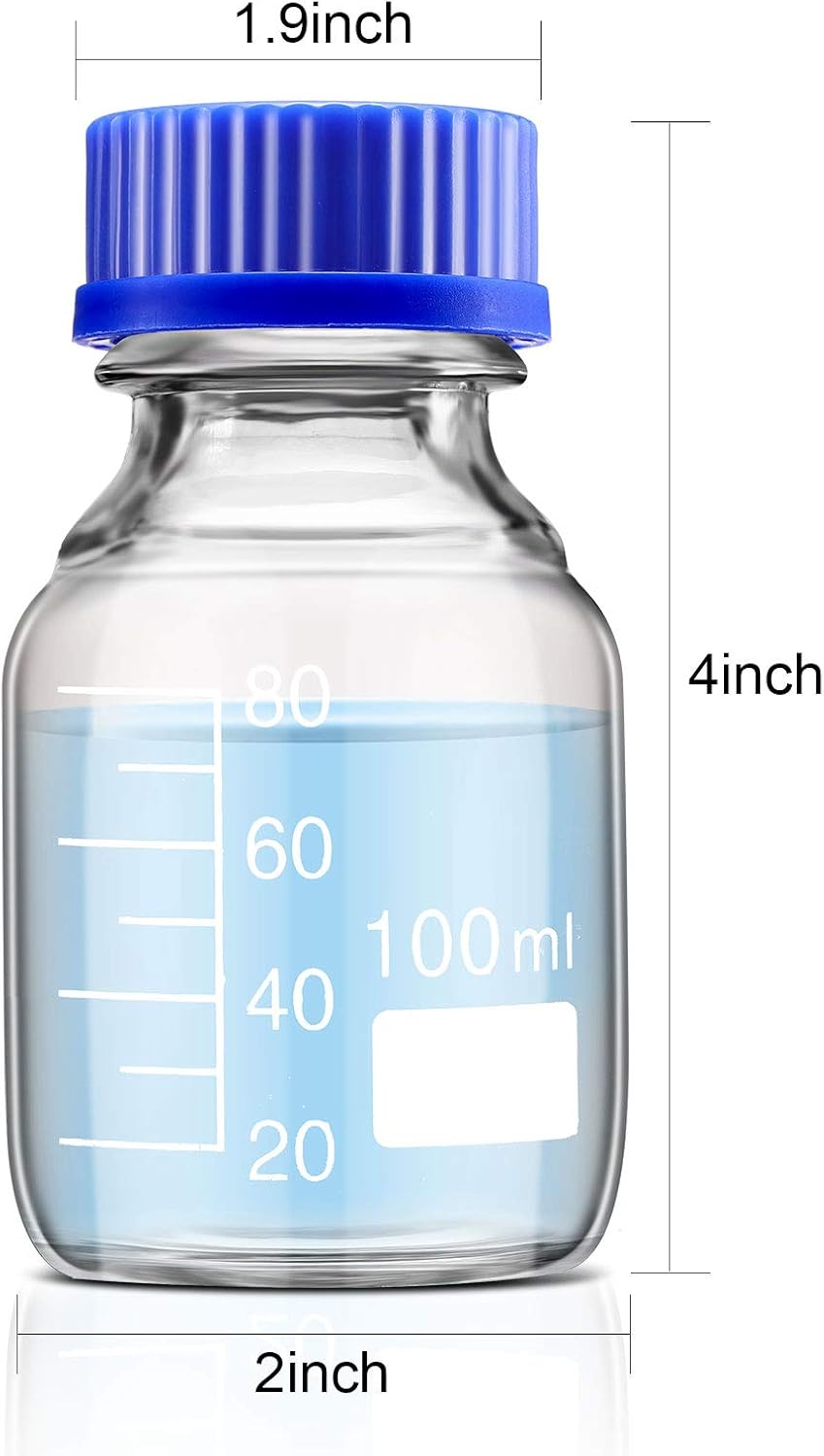 4 Pieces Glass Round Media Storage Glass Bottles Borosilicate Media Bottles with GL45 Blue Screw Cap for Lab Water Reagent Liquids 100 ml