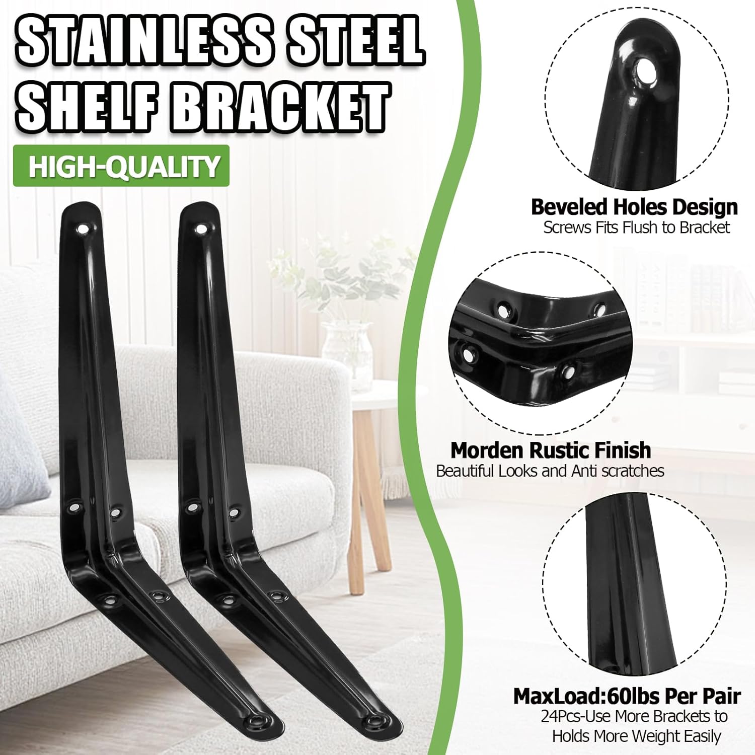 24 Pack Shelf Brackets 8 x 6 Inch, Heavy Duty Black Metal Floating Shelf Bracket, L Bracket Corner Brace Support J Bracket, Decorative Joint Angle Bracket for Hanging