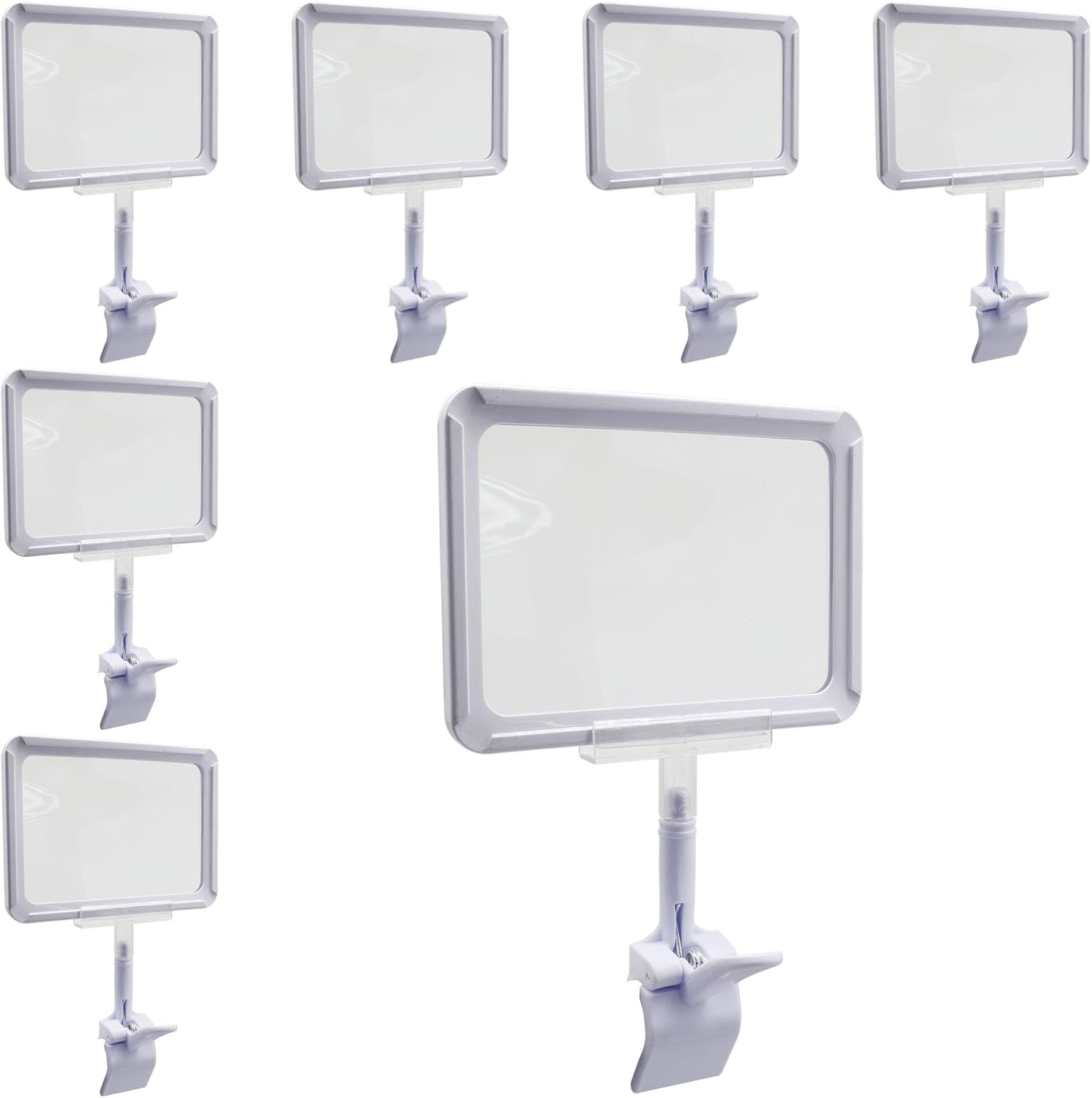 7 Pack White Acrylic Sign Holder with Clamp, 7x9 Inch Double Head Display Clips with Rotating Base and Sign Clip for Clothing, Retail, Boutique Display