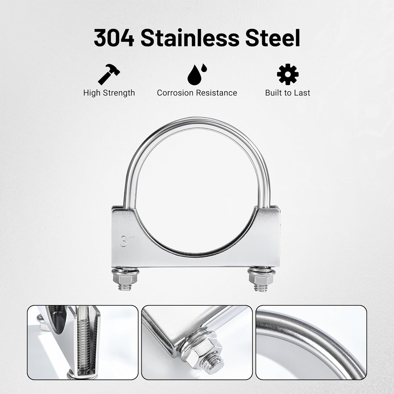 3" Heavy Duty U Bolt Exhaust Clamp, 3 Inch Stainless Steel U Muffler Clamps, Saddle Style, 2PCS
