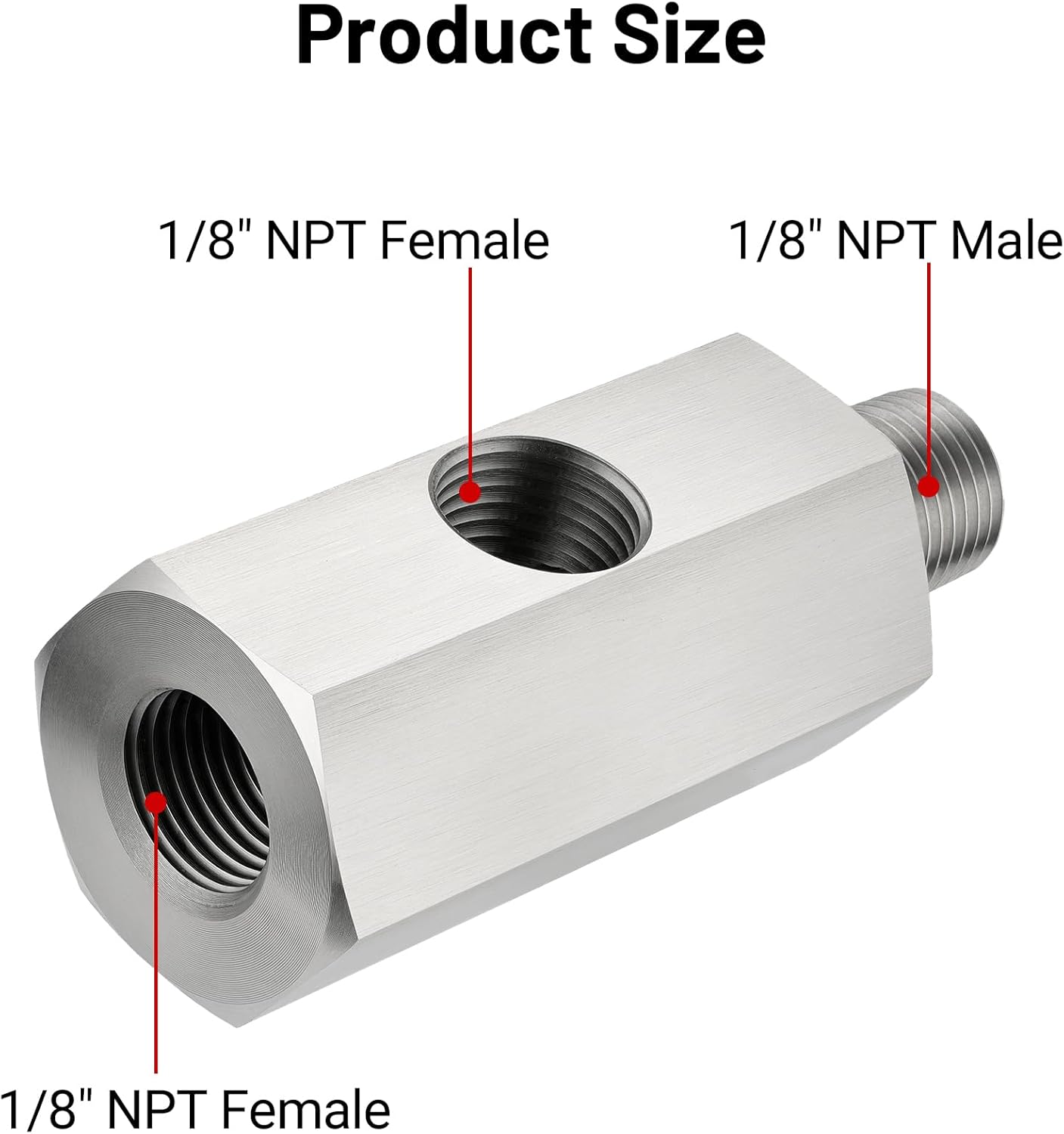 1/8 NPT Oil Pressure Sensor Tee Adapter, Stainless Steel 1/8 NPT Female to Male Threaded Oil Pressure Adapter with 1/8 NPT Female Port, Sliver