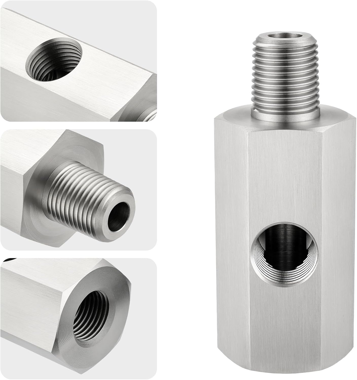 1/8 NPT Oil Pressure Sensor Tee Adapter, Stainless Steel 1/8 NPT Female to Male Threaded Oil Pressure Adapter with 1/8 NPT Female Port, Sliver