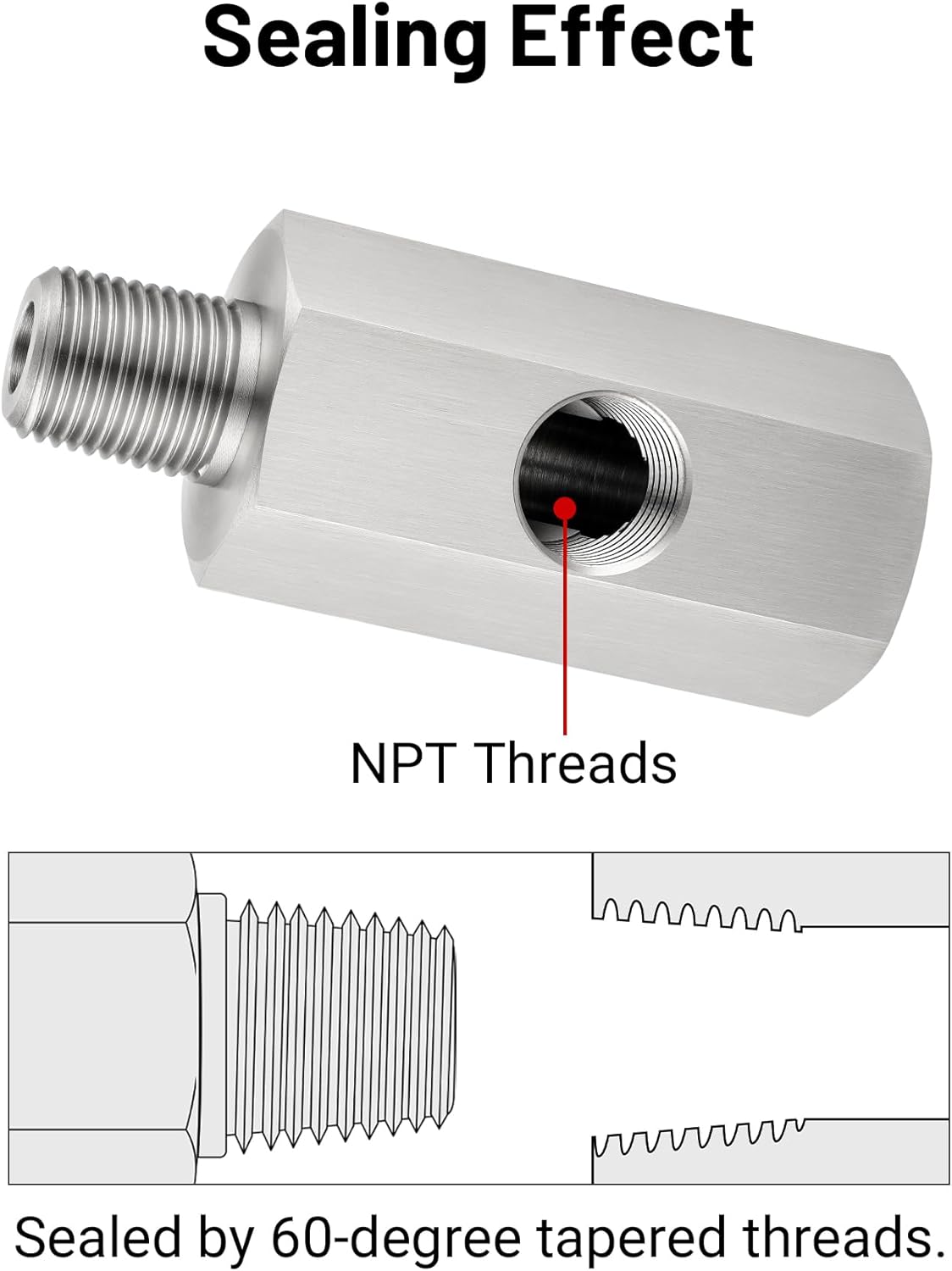 1/8 NPT Oil Pressure Sensor Tee Adapter, Stainless Steel 1/8 NPT Female to Male Threaded Oil Pressure Adapter with 1/8 NPT Female Port, Sliver