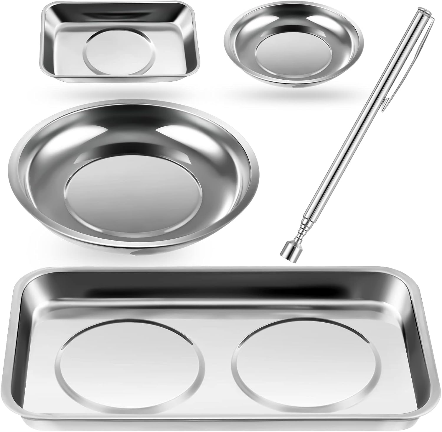 4 pcs Magnetic Tray with Magnetic Pin Screw Bolt Holder Round Magnet Parts Bowl Stainless Steel Pickup Tool Tray for Mechanic's