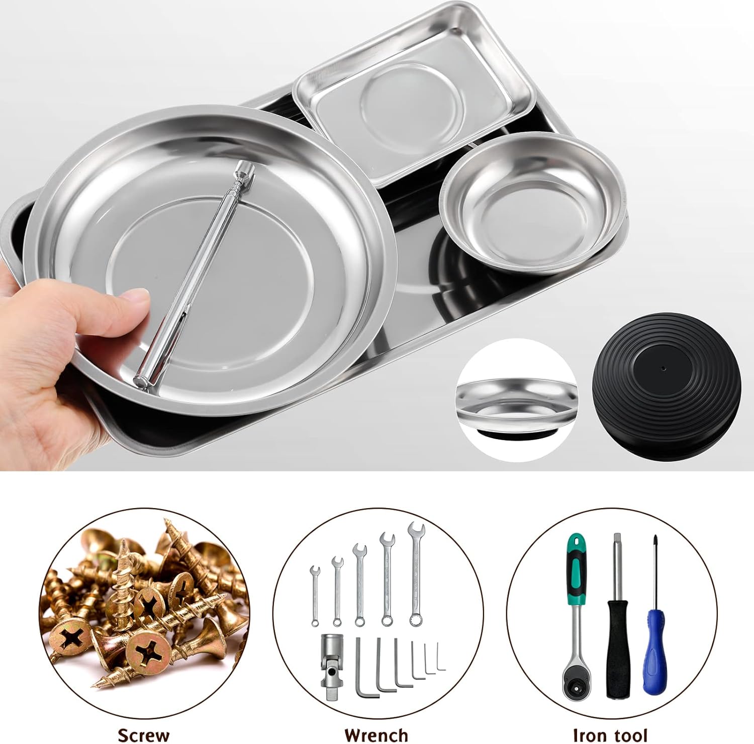 4 pcs Magnetic Tray with Magnetic Pin Screw Bolt Holder Round Magnet Parts Bowl Stainless Steel Pickup Tool Tray for Mechanic's