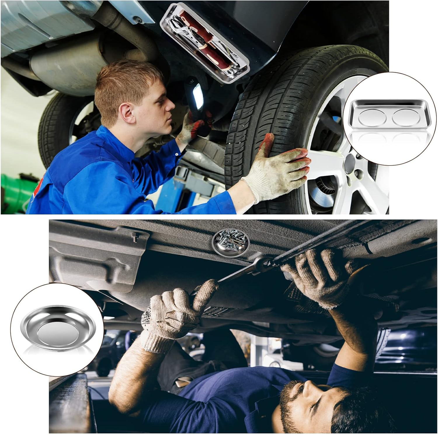 4 pcs Magnetic Tray with Magnetic Pin Screw Bolt Holder Round Magnet Parts Bowl Stainless Steel Pickup Tool Tray for Mechanic's