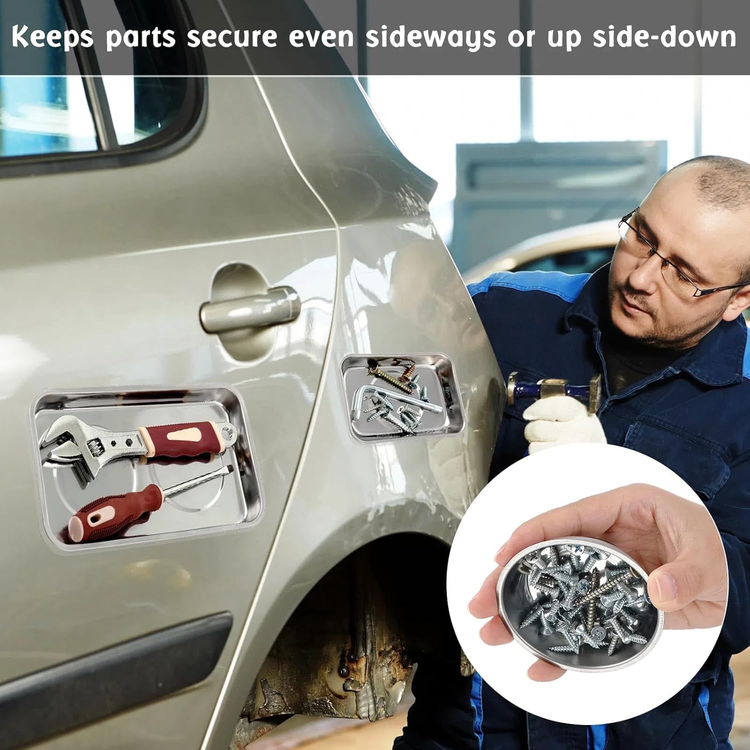 4 pcs Magnetic Tray with Magnetic Pin Screw Bolt Holder Round Magnet Parts Bowl Stainless Steel Pickup Tool Tray for Mechanic's