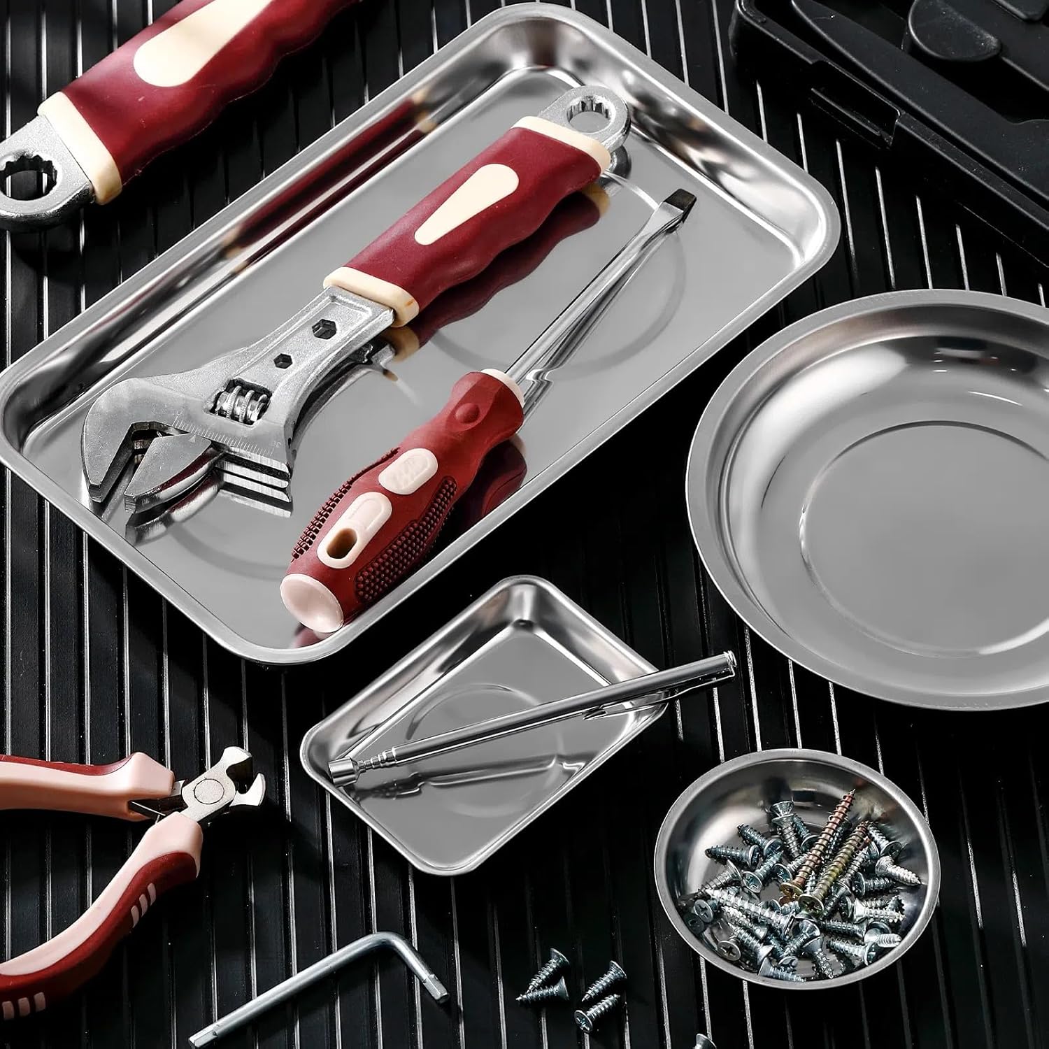 4 pcs Magnetic Tray with Magnetic Pin Screw Bolt Holder Round Magnet Parts Bowl Stainless Steel Pickup Tool Tray for Mechanic's