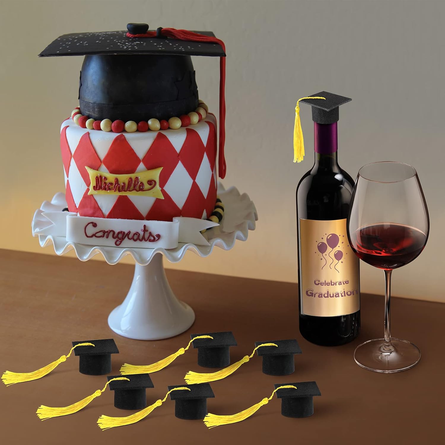 36 Pieces 2026 Mini Graduation Caps with Tassels Graduation Wine Bottle Toppers Black Cap with Gold Tassel