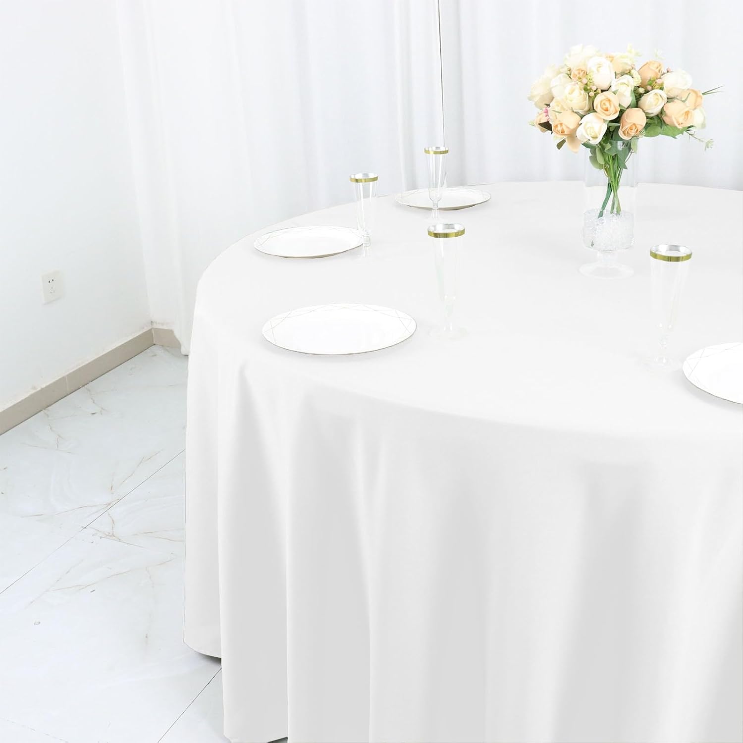 Efavormart White Cotton Blend Round Tablecloth 120" Seamless for 5 Foot Table with Floor-Length Drop