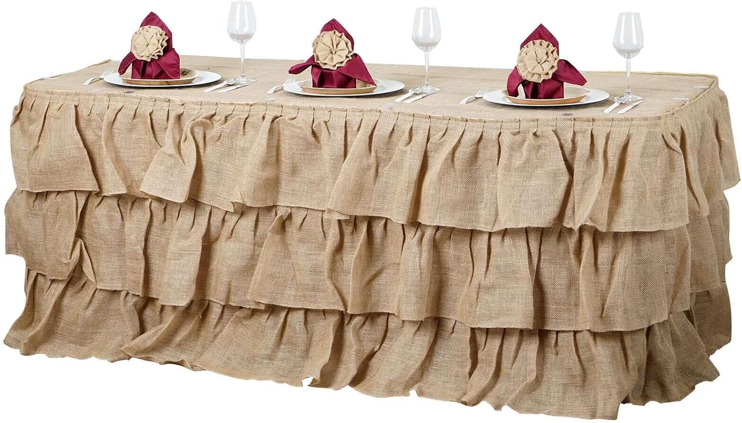Efavormart 3 Tier Rustic Elegant Ruffled Burlap Table Skirt for Kitchen Dining Catering Wedding Party Decorations Events - 14 Ft