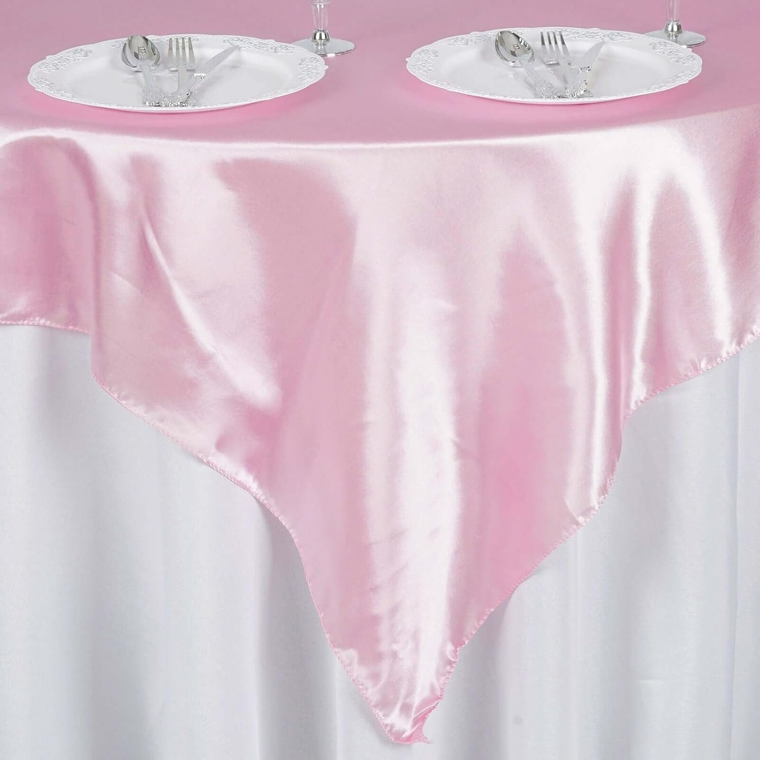 Efavormart Pack of 5 | 60" Satin Square Tablecloth Overlay for Wedding Catering Party Table Decorations Pink Square Tablecloth Cover