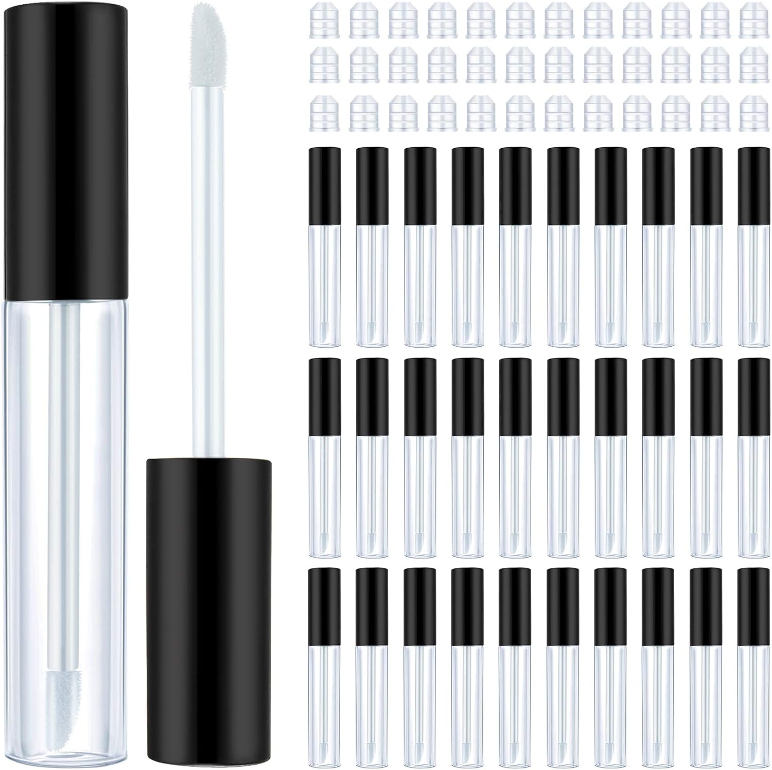 50 Pack 10 ml Empty Lip Gloss Tube Containers Clear Refillable Lip Balm Bottles Plastic Lipstick Tubes with Rubber Inserts Cosmetic Tools for Travel, DIY Makeup, Personal Cosmetic Black