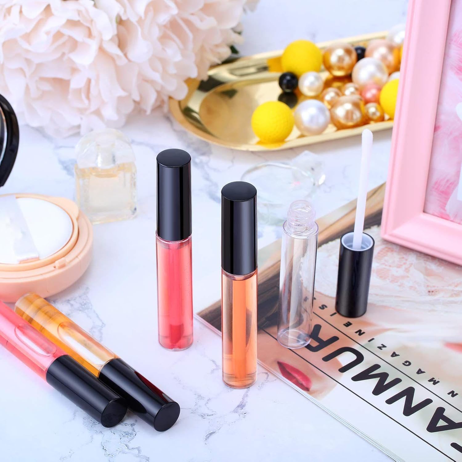 50 Pack 10 ml Empty Lip Gloss Tube Containers Clear Refillable Lip Balm Bottles Plastic Lipstick Tubes with Rubber Inserts Cosmetic Tools for Travel, DIY Makeup, Personal Cosmetic Black