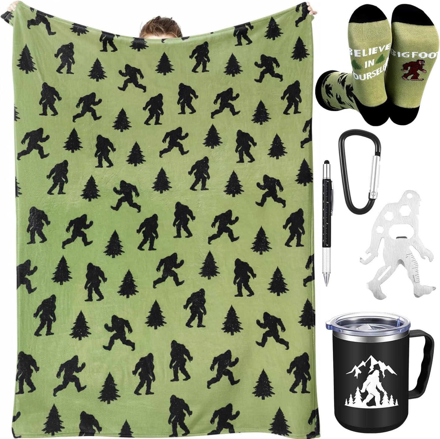 5 Pcs Bigfoot Sasquatch Gifts Sasquatch Lovers Gift with Large Blanket 12 oz Insulated Tumbler Socks Can Opener Keychain and Ballpoint Pen for Men Women Dad Grandpa Gifts